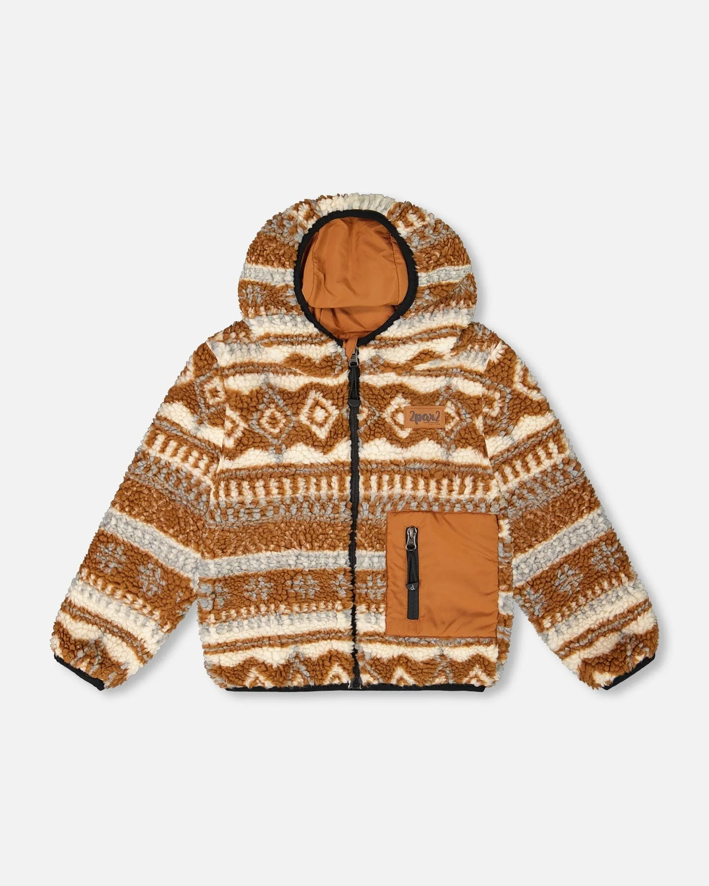Reversible Mid-Season Sherpa Jacket Brown Aztec Pattern - Deux par Deux