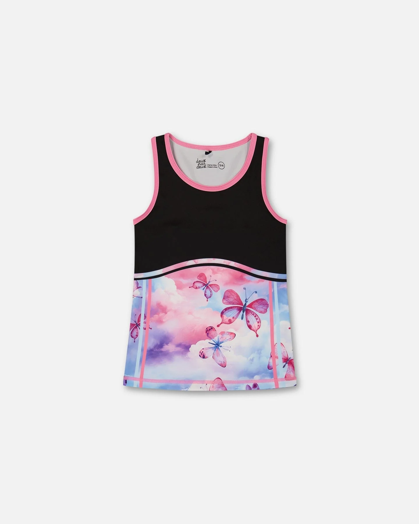 Colorblock Athletic Tank Top Black With Butterflies Printed - Deux par Deux