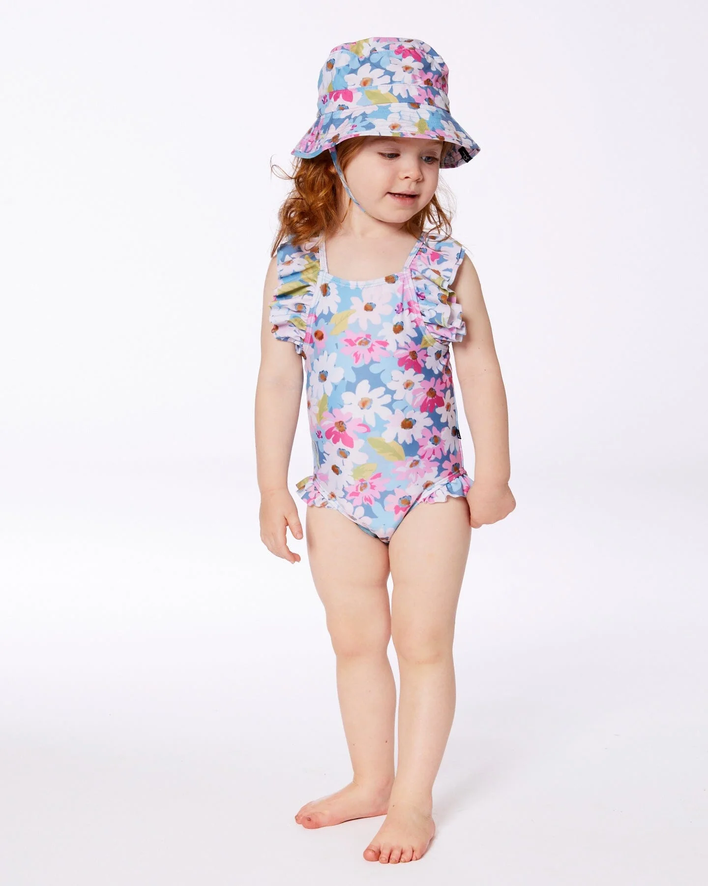 Printed One-Piece Swimsuit With Frills White, Pink, And Green Flowers - Deux par Deux