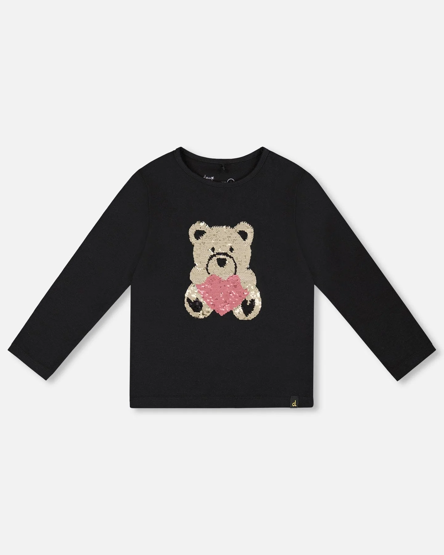 Black Organic Cotton T-Shirt With Reversible Sequin Teddy Bear - Deux par Deux