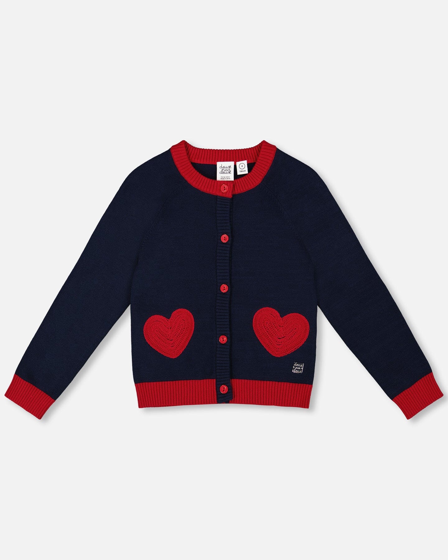 Knitted Cardigan Navy Blue With Red Embroidered Hearts - Deux par Deux