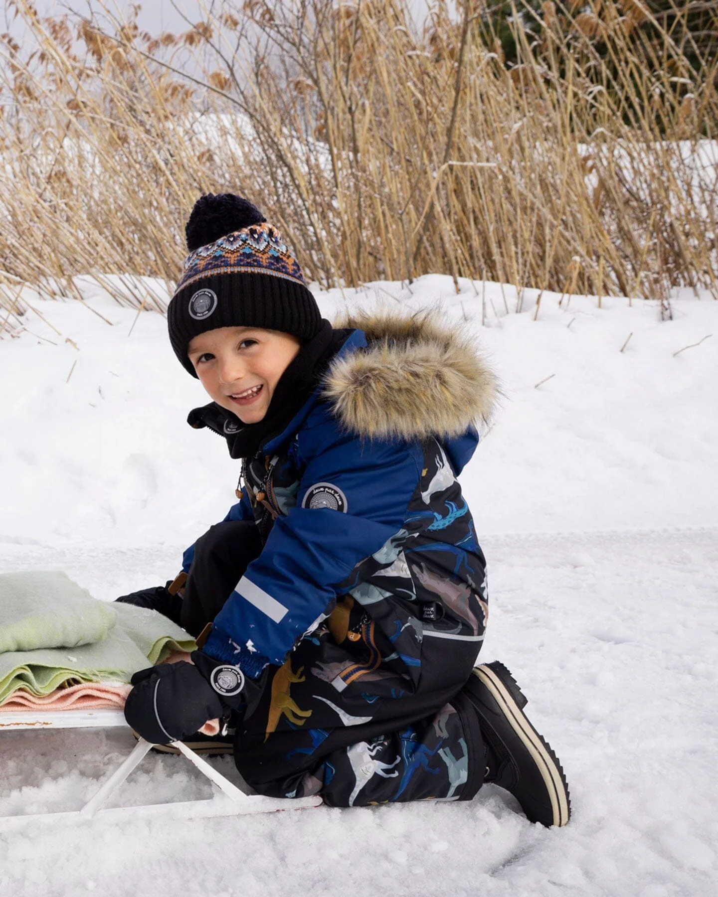 Lined Knit Winter Hat With Pompom Taupe And Navy - Deux par Deux
