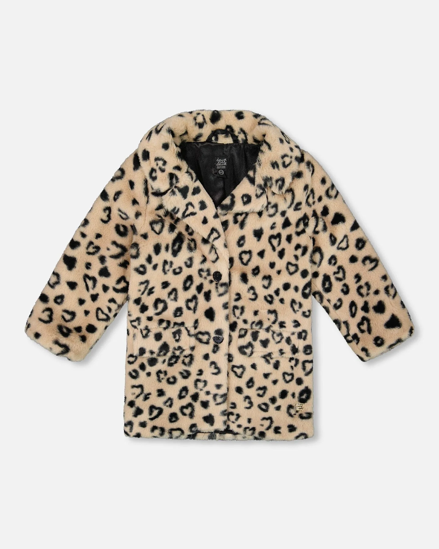 Printed Fake Fur Long Coat Black And Beige Leopard - Deux par Deux