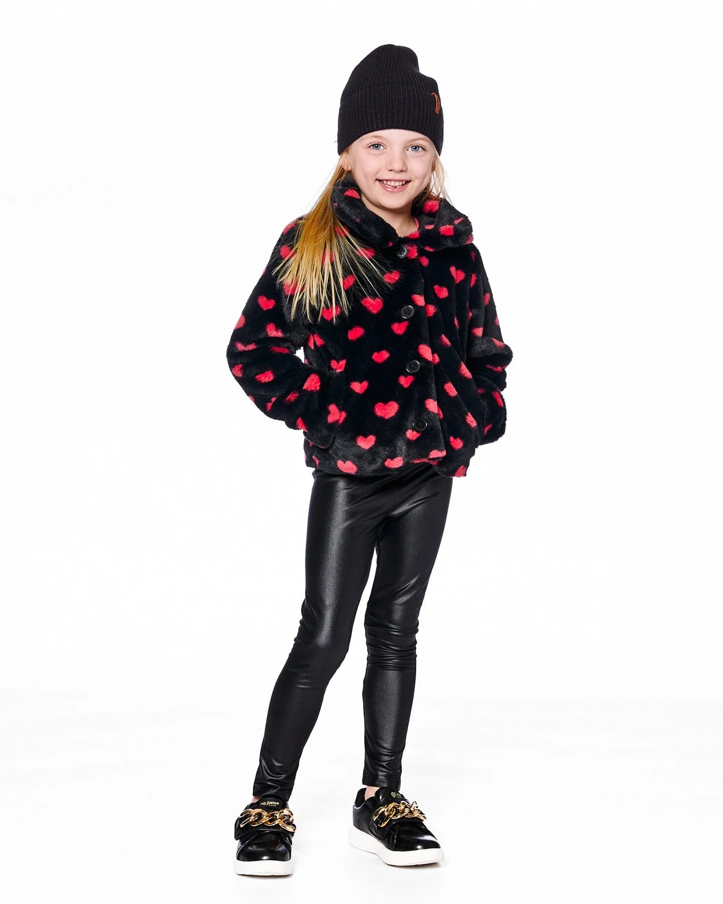Faux Fur Short Coat Black And Red With Hearts - Deux par Deux