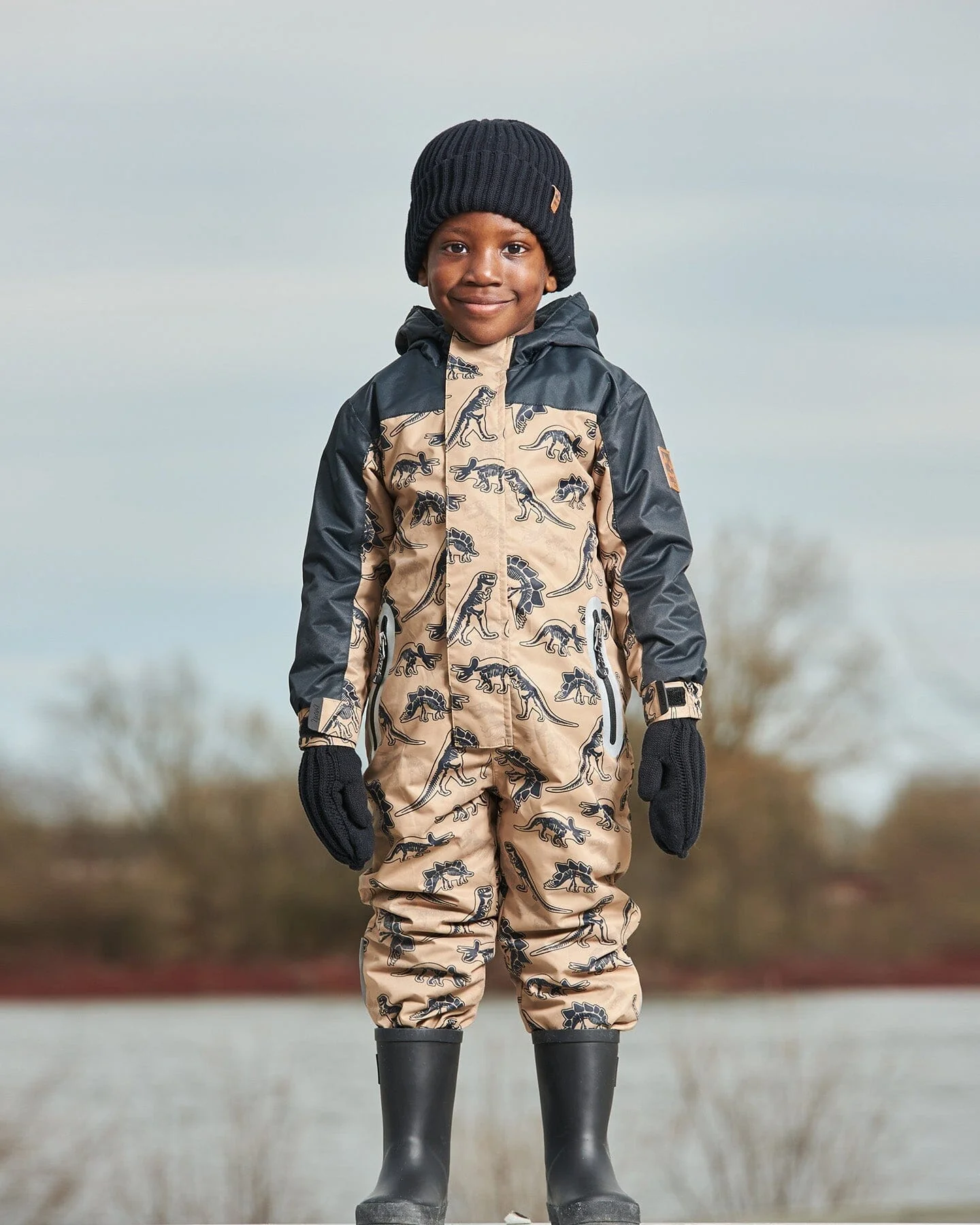 Printed Mid-Season One-Piece Outerwear Black Dinosaur On Beige Background - Deux par Deux