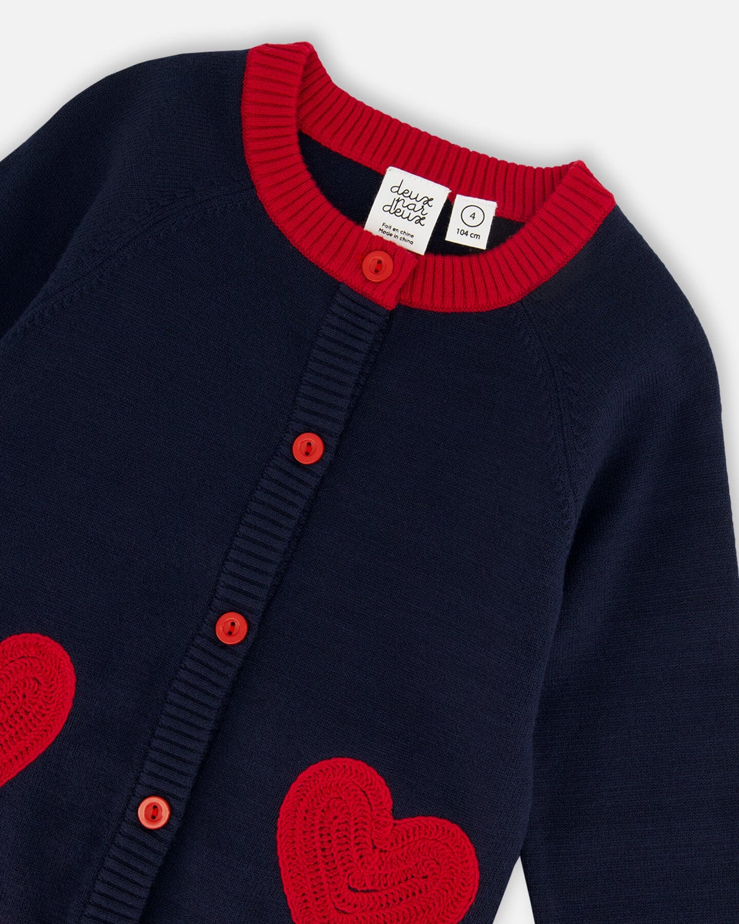 Knitted Cardigan Navy Blue With Red Embroidered Hearts - Deux par Deux