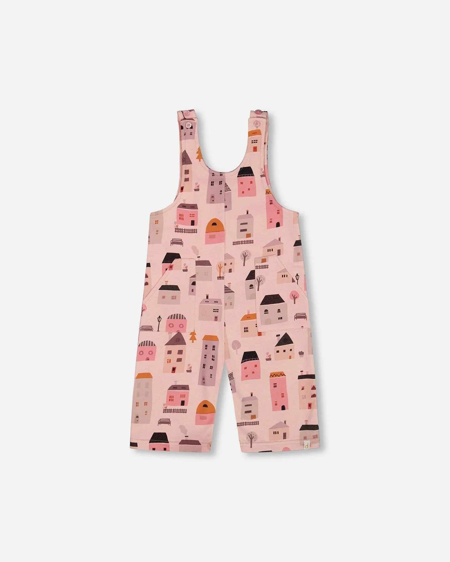 Printed French Terry Overalls Pink And Coral Houses - Deux par Deux