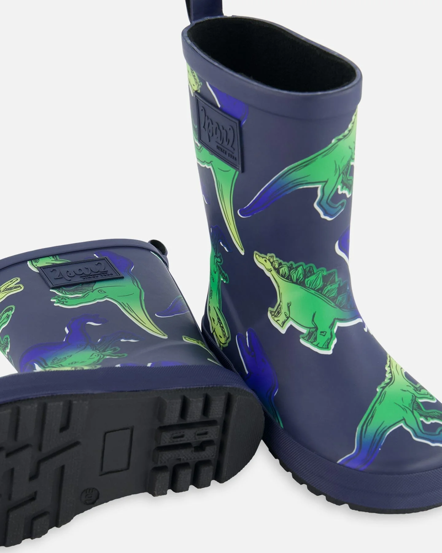 Printed Rain Boots Blue And Green Dino On Navy - Deux par Deux