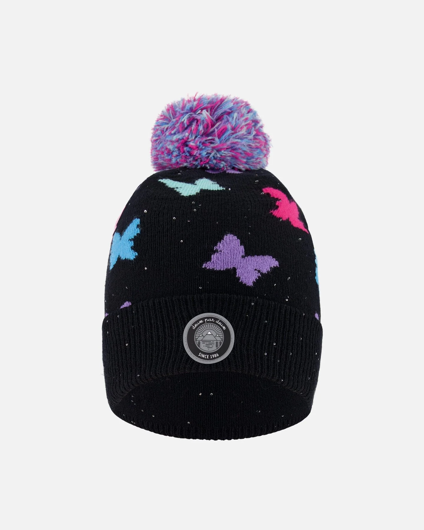 Lined Knit Pompom Hat Black Butterfly Pattern - Deux par Deux