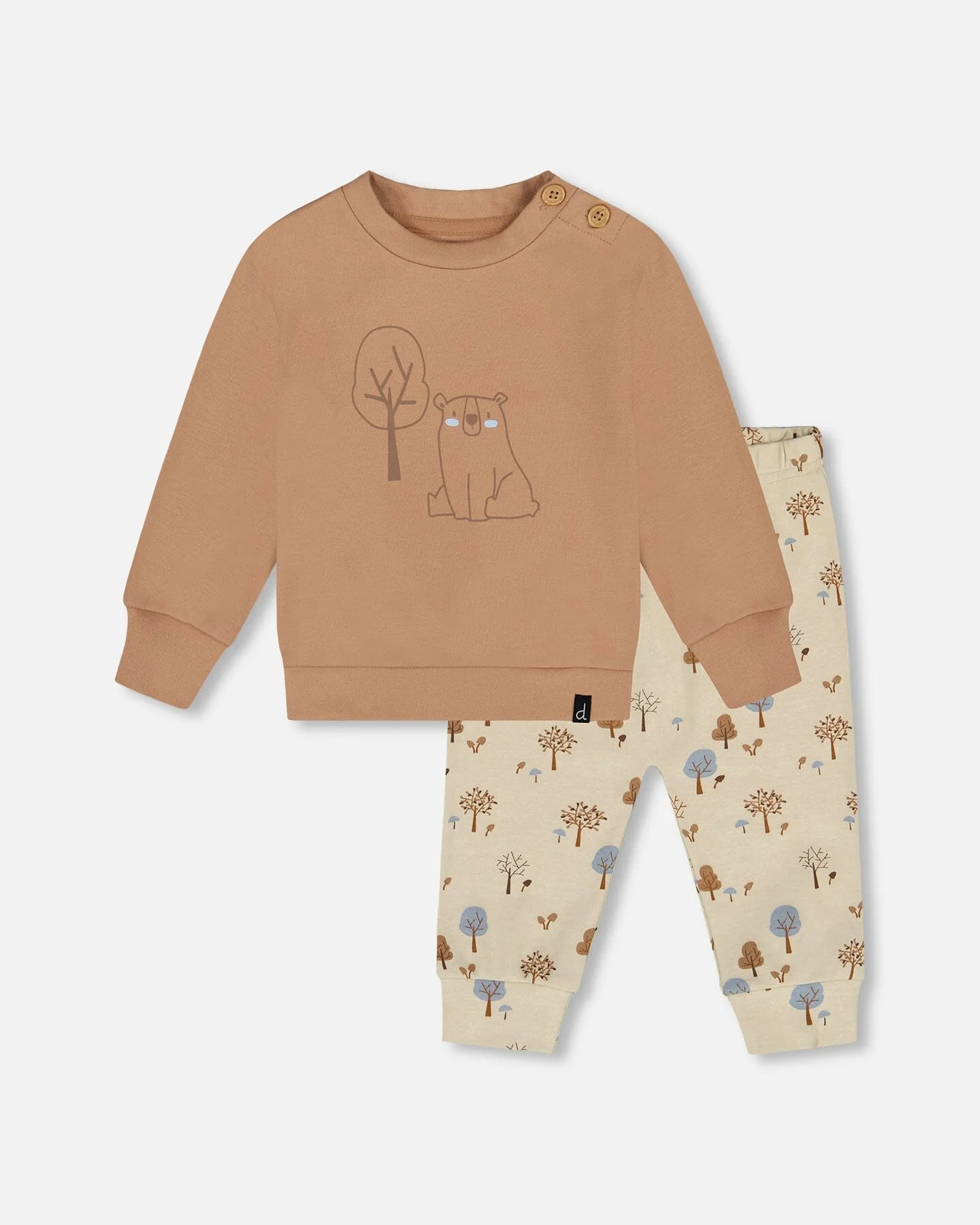 Organic Cotton Pant And Top Set Beige Tree Print - Deux par Deux