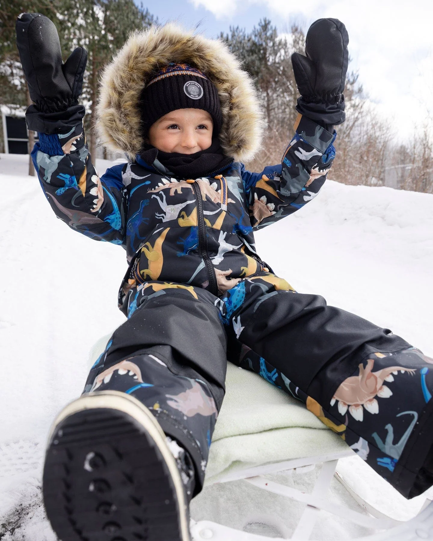 One-Piece Play Snowsuit Black Dinosaur Print - Deux par Deux