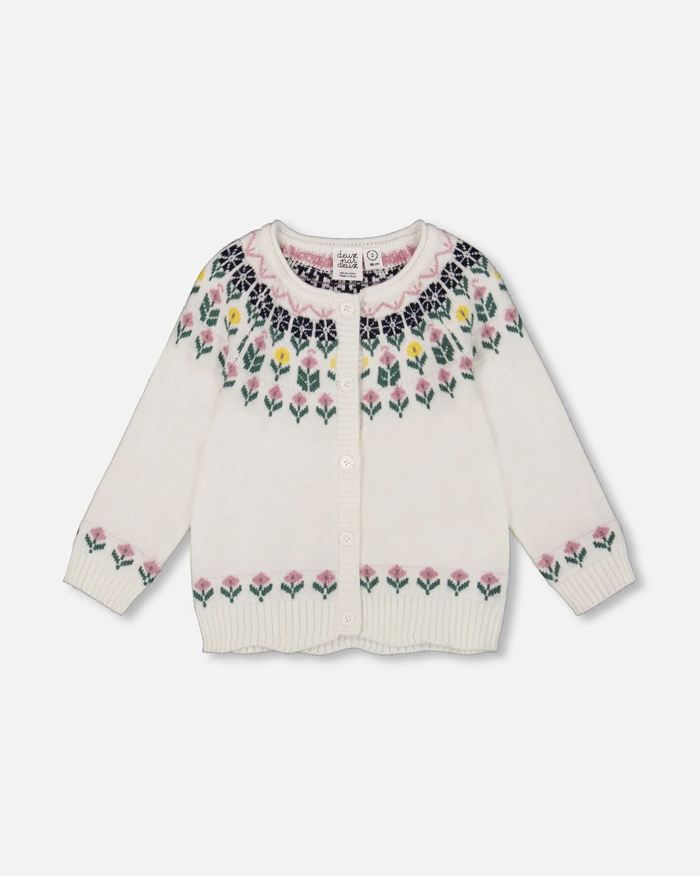 Jacquard Knit Cardigan Off-White With Floral Pattern - Deux par Deux