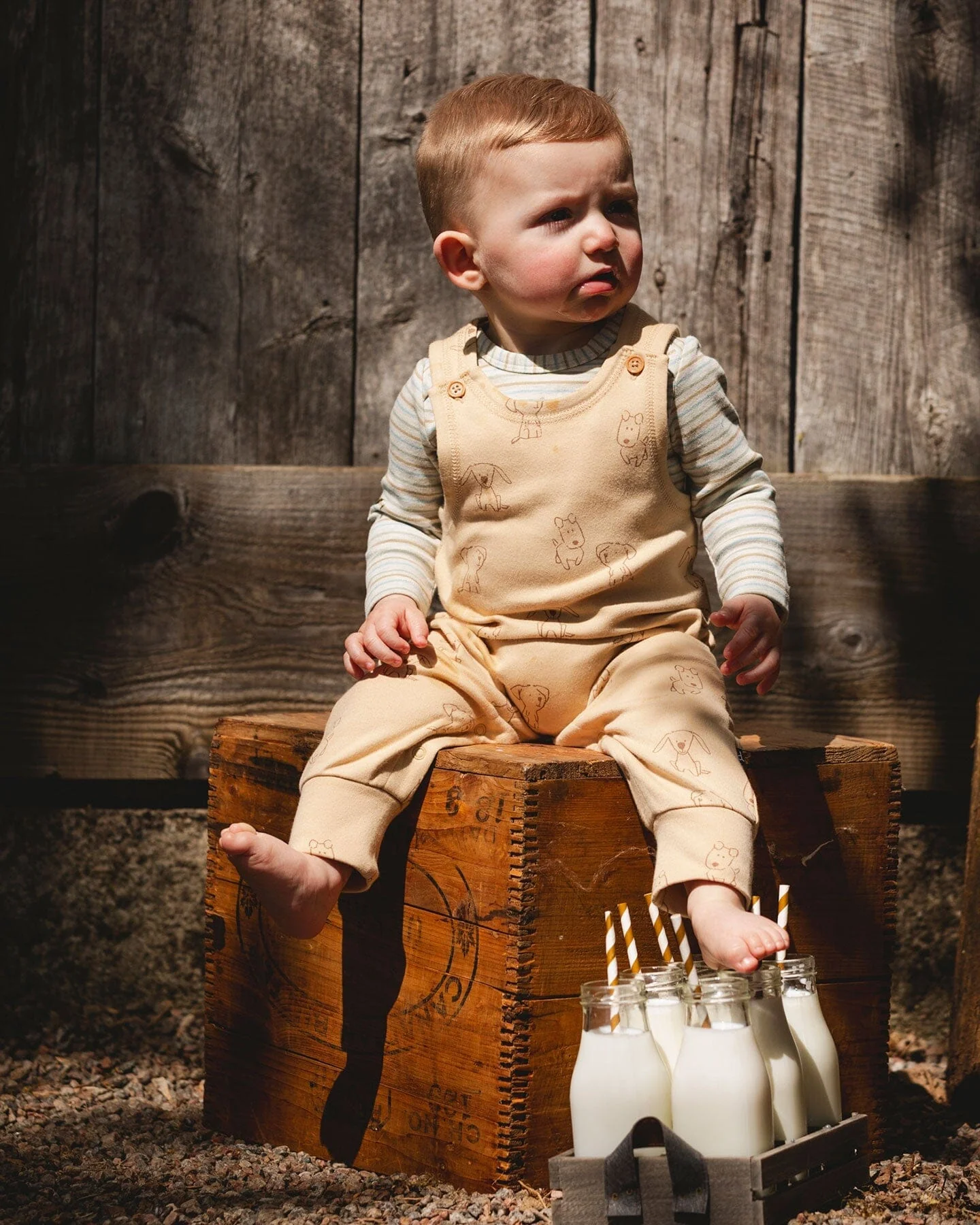 Organic Cotton Onesie With Overalls Set Beige Printed Dogs - Deux par Deux