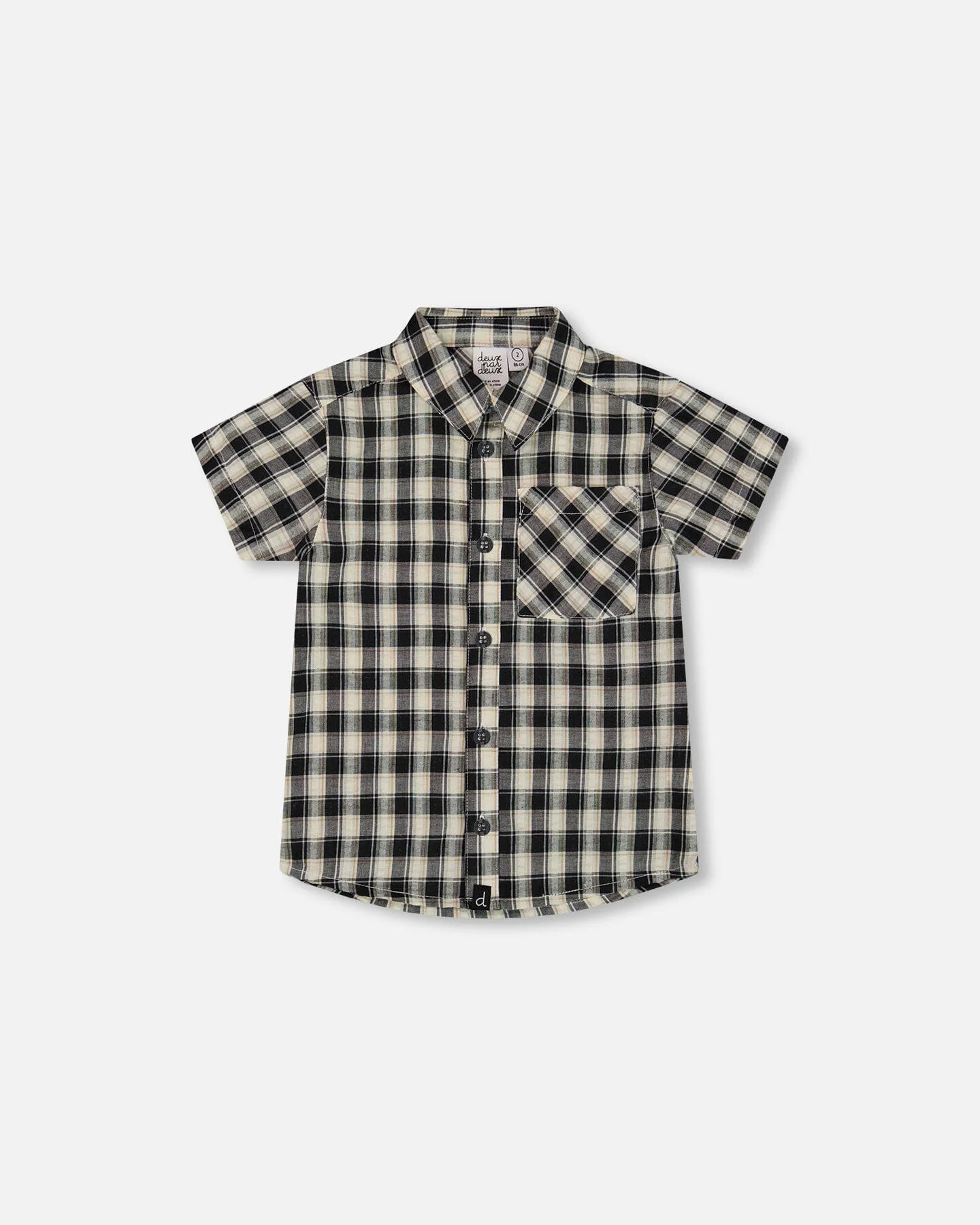 Short Sleeve Button Down Shirt Black And Beige Plaid - Deux par Deux