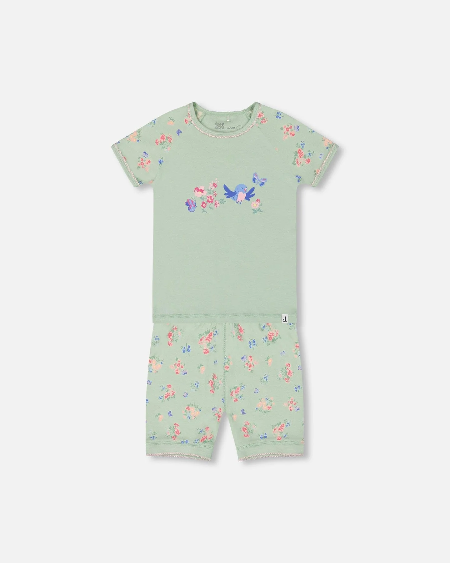 Organic Cotton Two-Piece Short Pajama Set Small Pink And Blue Flowers On Light Sage - Deux par Deux