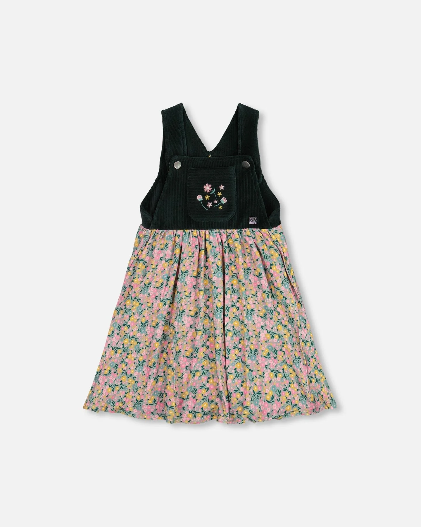 Bi-Material Overall Dress Green With Flower Print - Deux par Deux