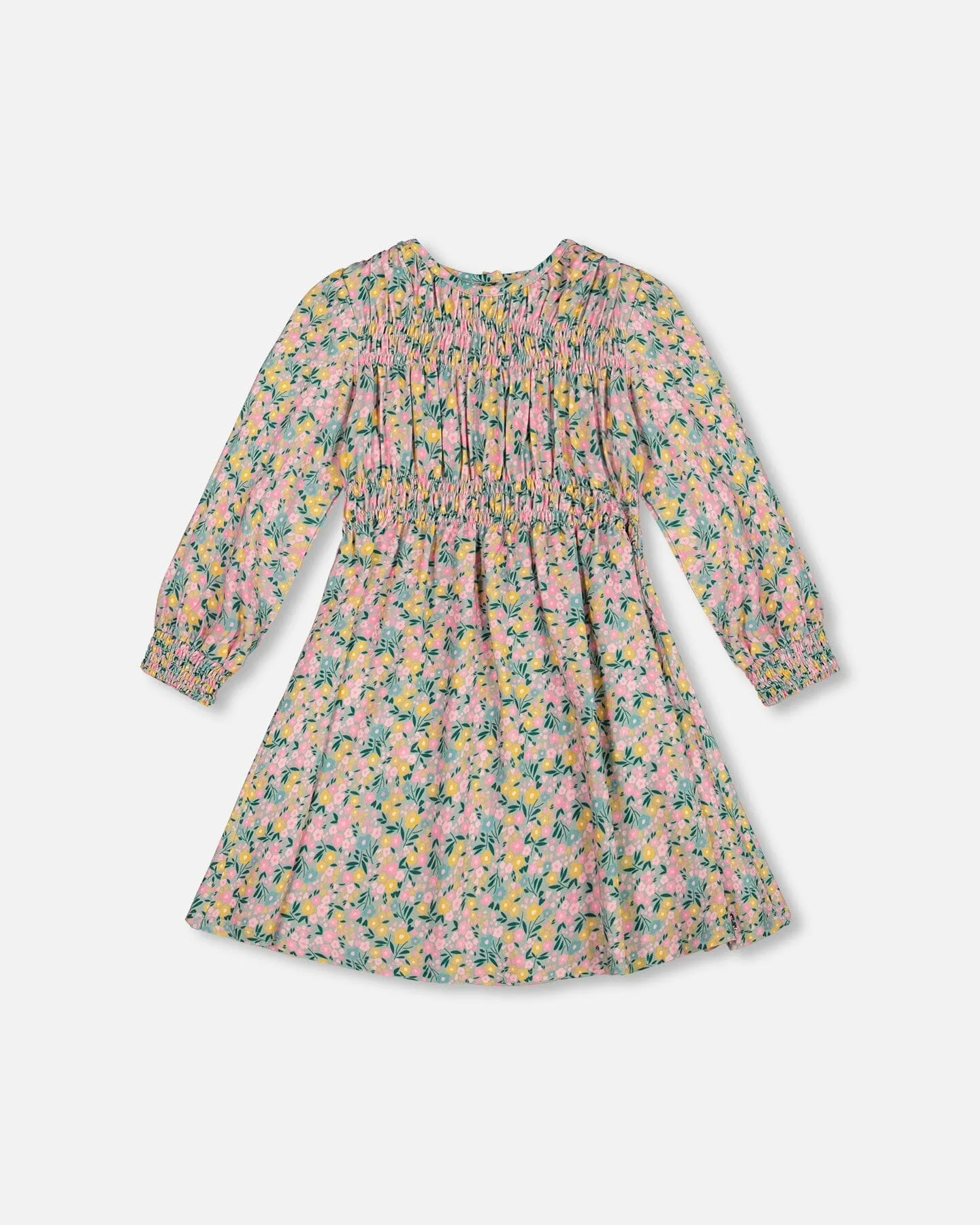Smocked Viscose Dress Green With Floral Print - Deux par Deux