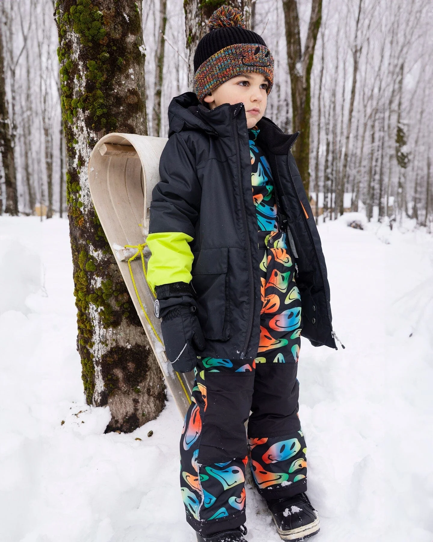 Lined Knit Winter Hat With Pompom Black And Multicolor - Deux par Deux