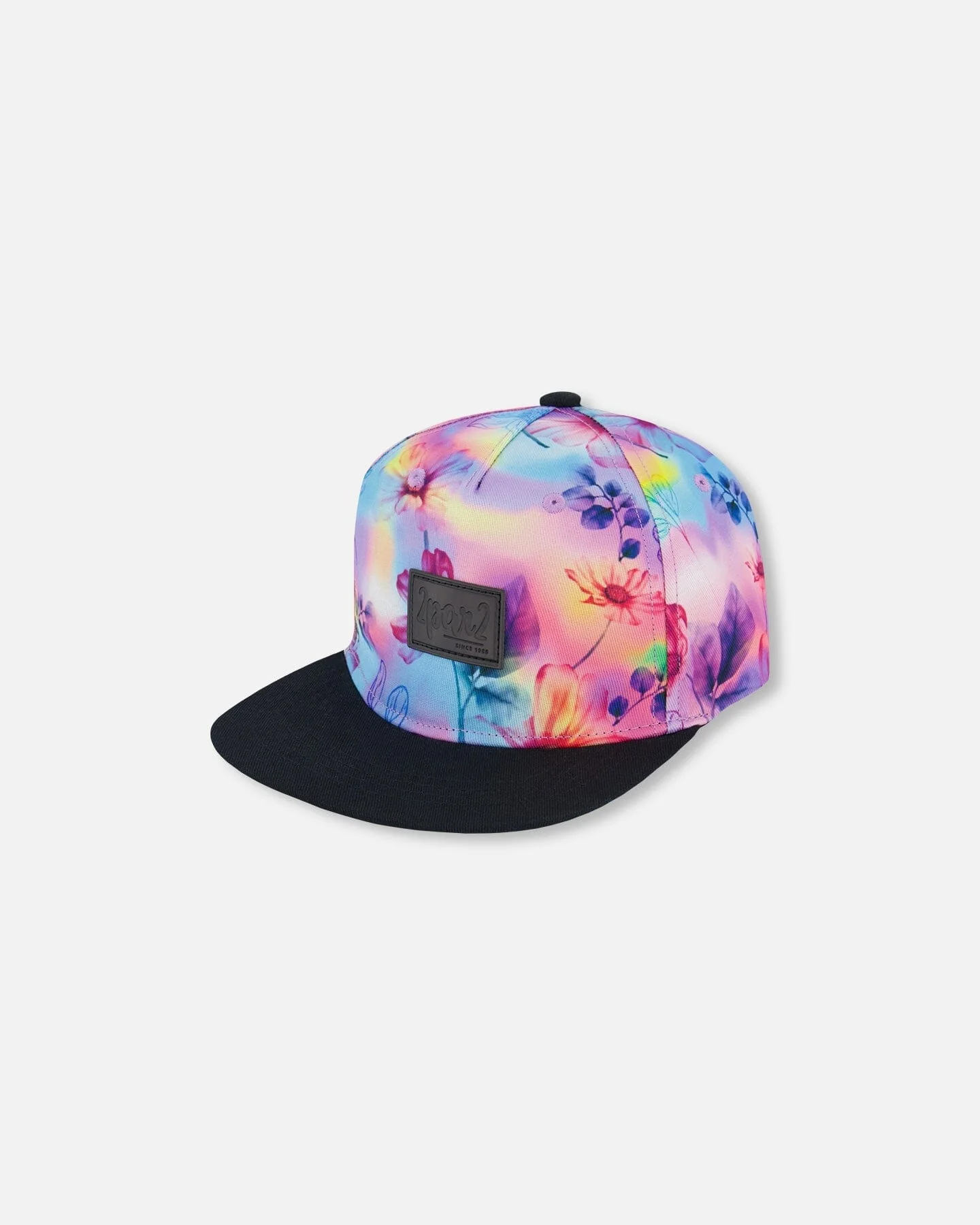 Printed Cap with Floral Print on Black and Multicolored Background - Deux par Deux