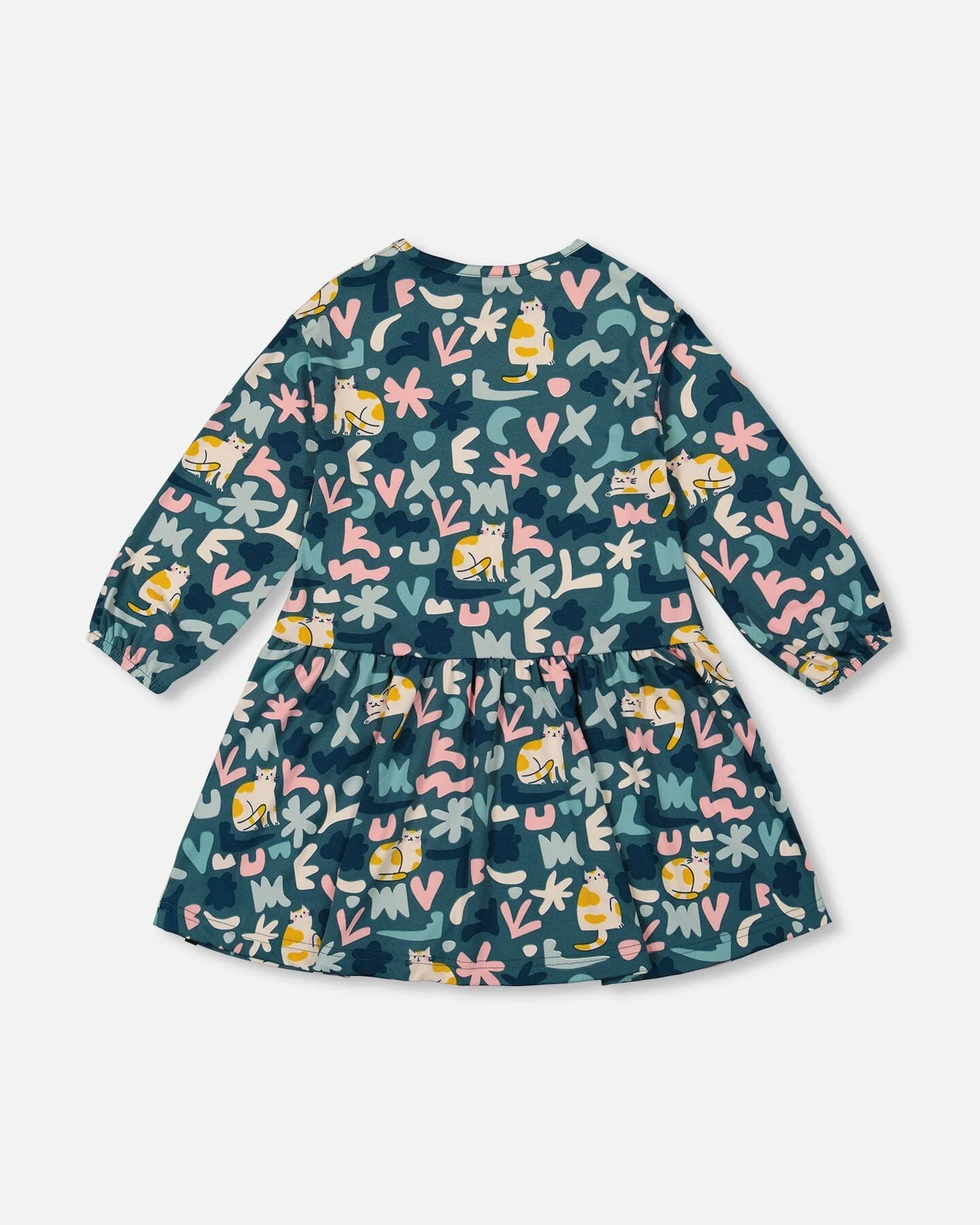 Jersey Dress Green Cat Print - Deux par Deux