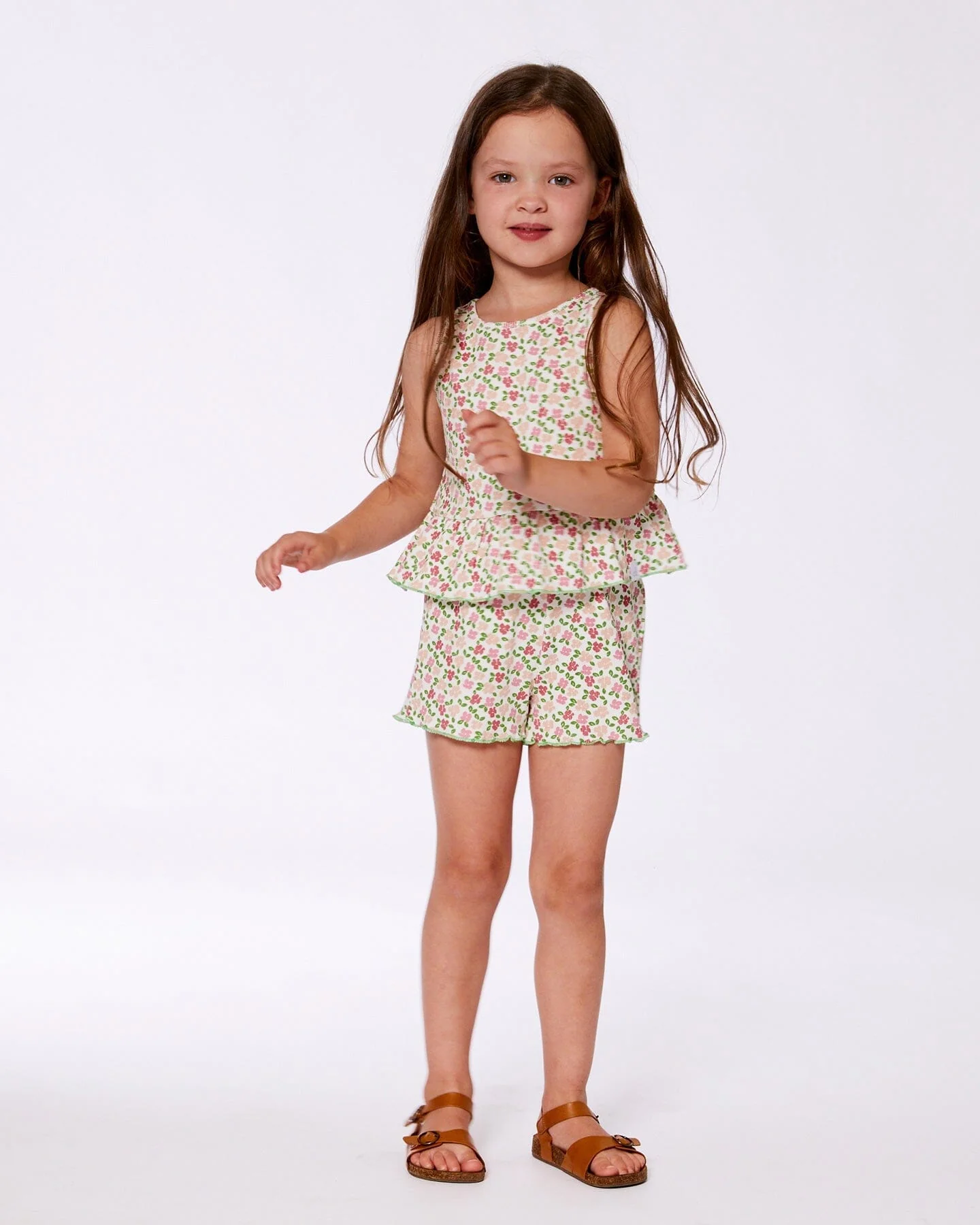 Printed Ribbed Short Small Flowers On White Background - Deux par Deux