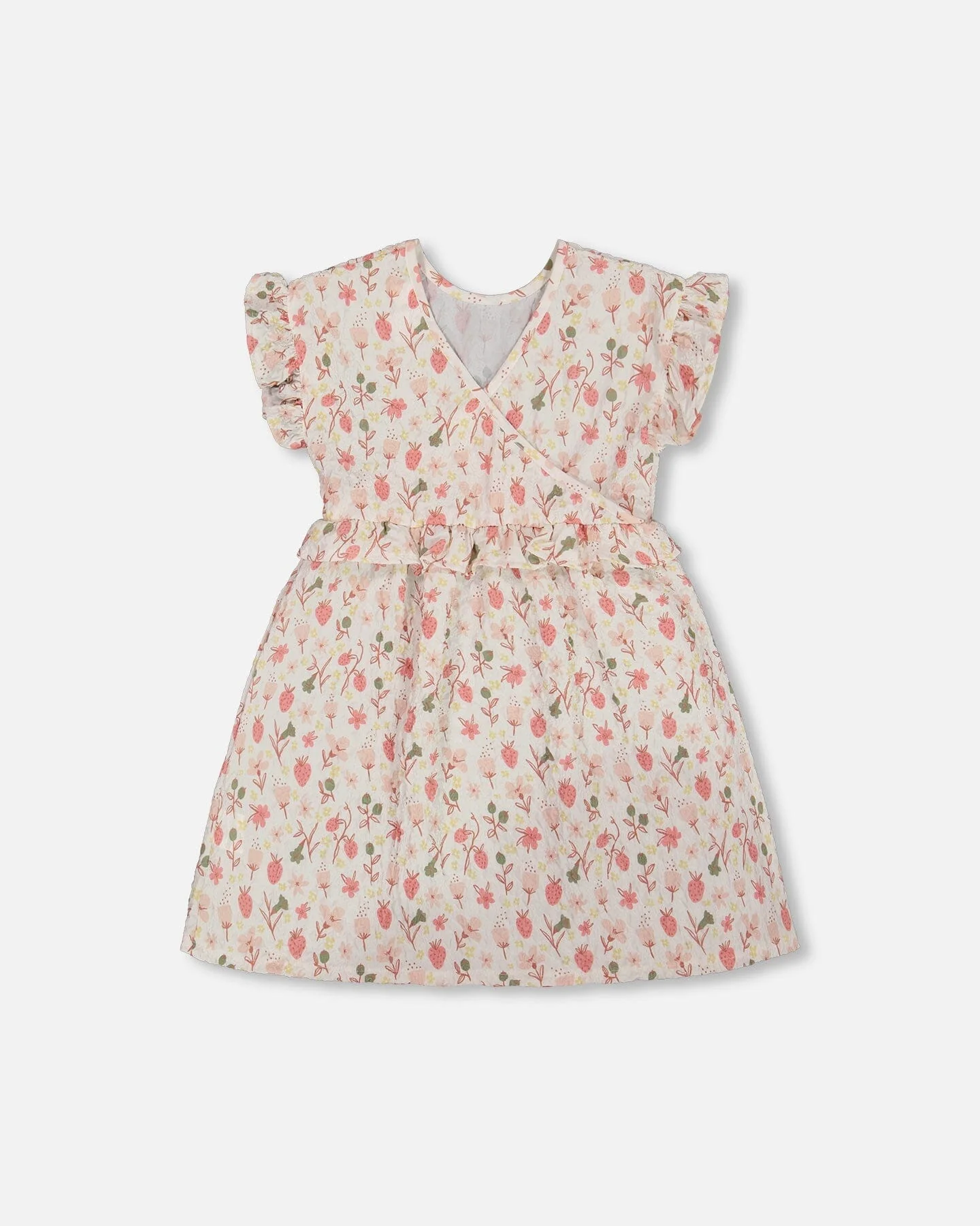 Printed Seersucker Dress With Frill Pink Flowers On Cream Background - Deux par Deux