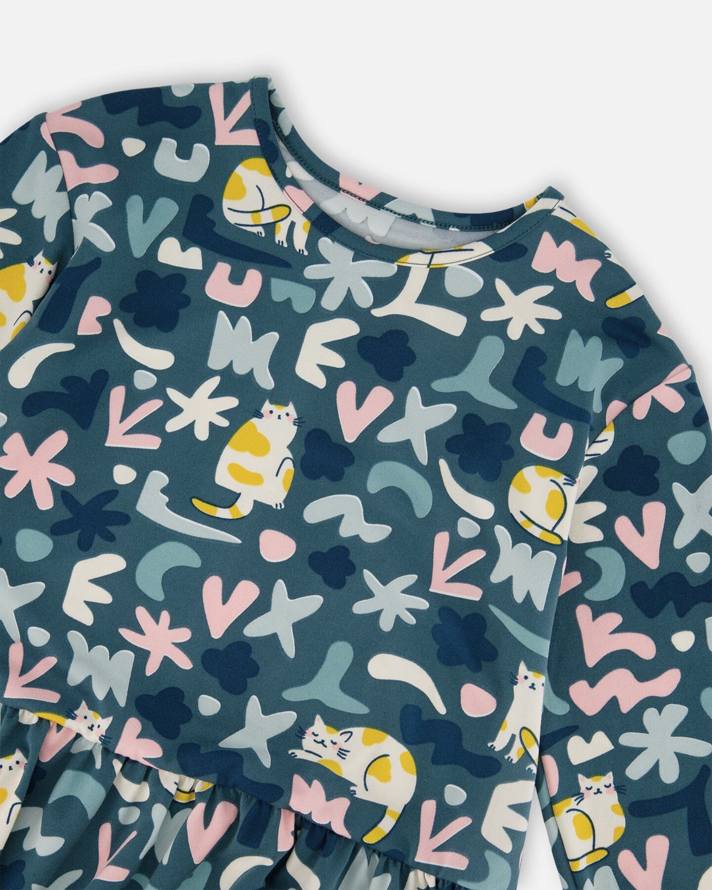 Jersey Dress Green Cat Print - Deux par Deux