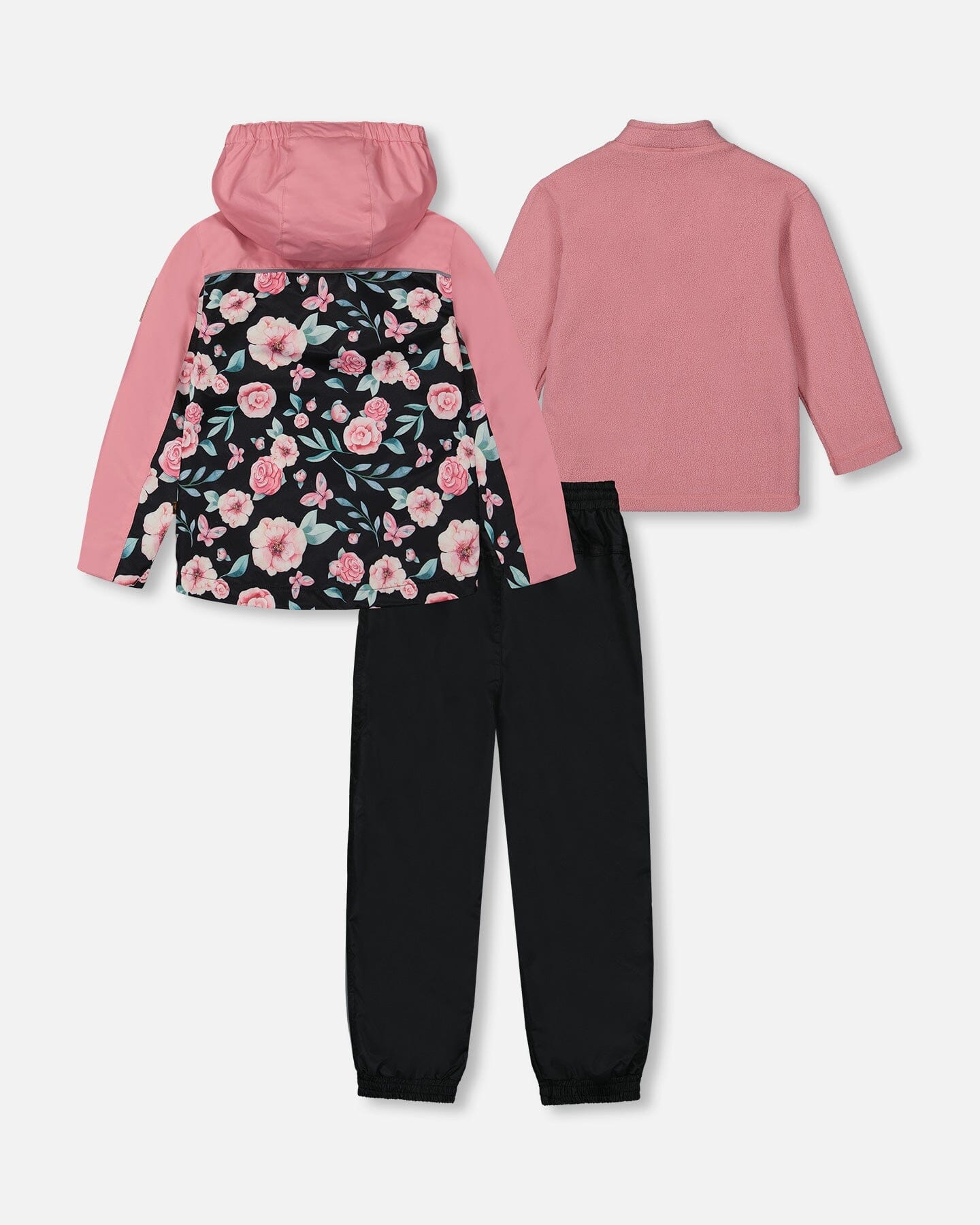 3-In-1 Mid-Season Outerwear Set With Printed Jacket Pink, Black, And Flowers - Deux par Deux