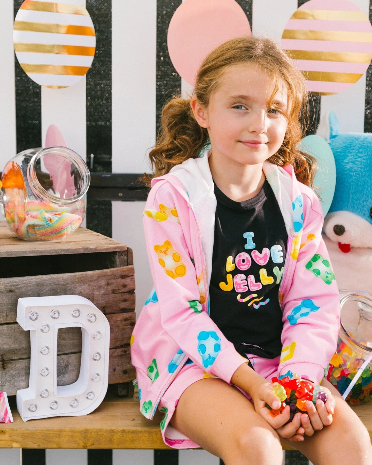 Printed French Terry Hoodie Cardigan Pink Multicolored Gummies - Deux par Deux