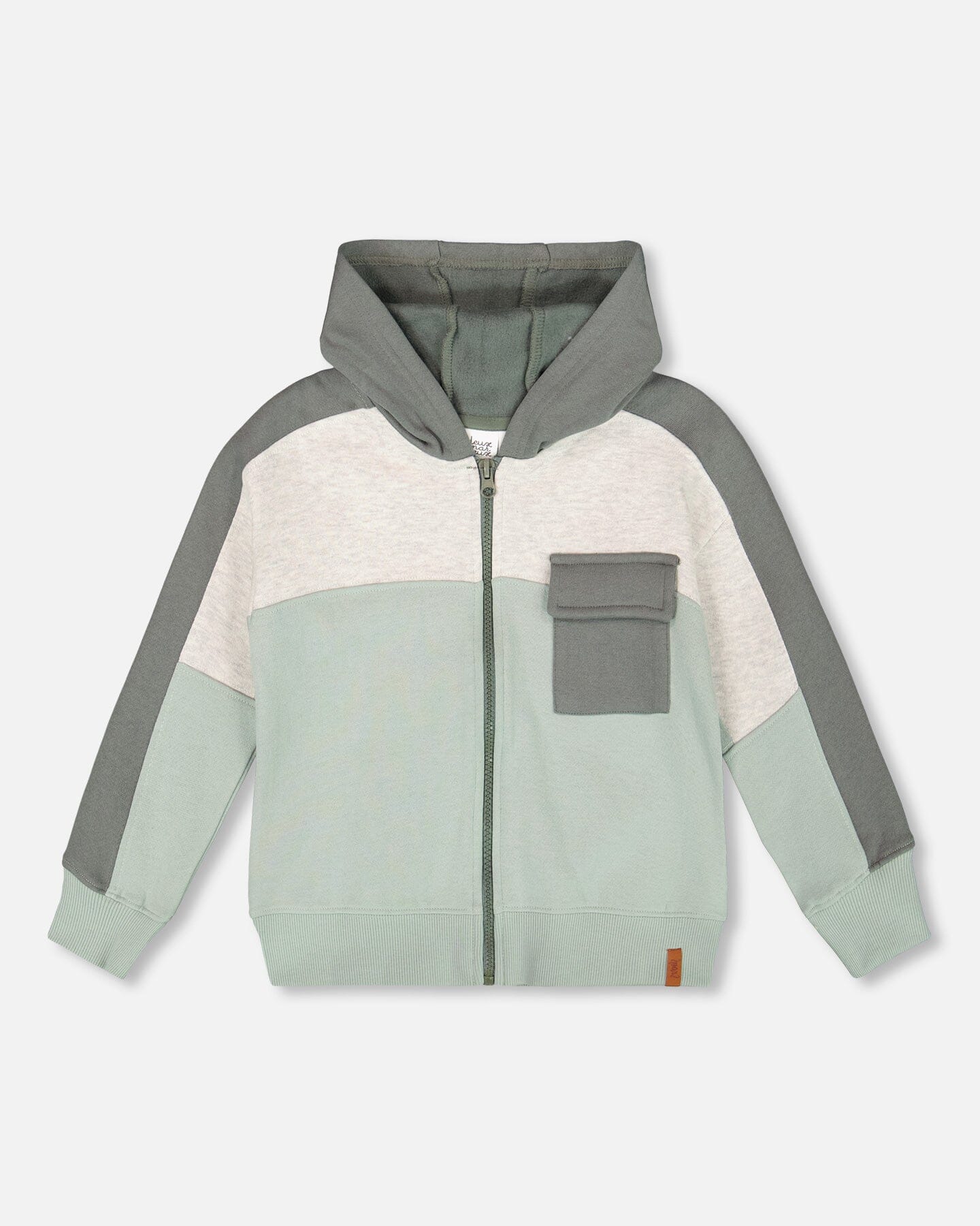 Full Zip Fleece Color Block Sweatshirt Green Gray - Deux par Deux