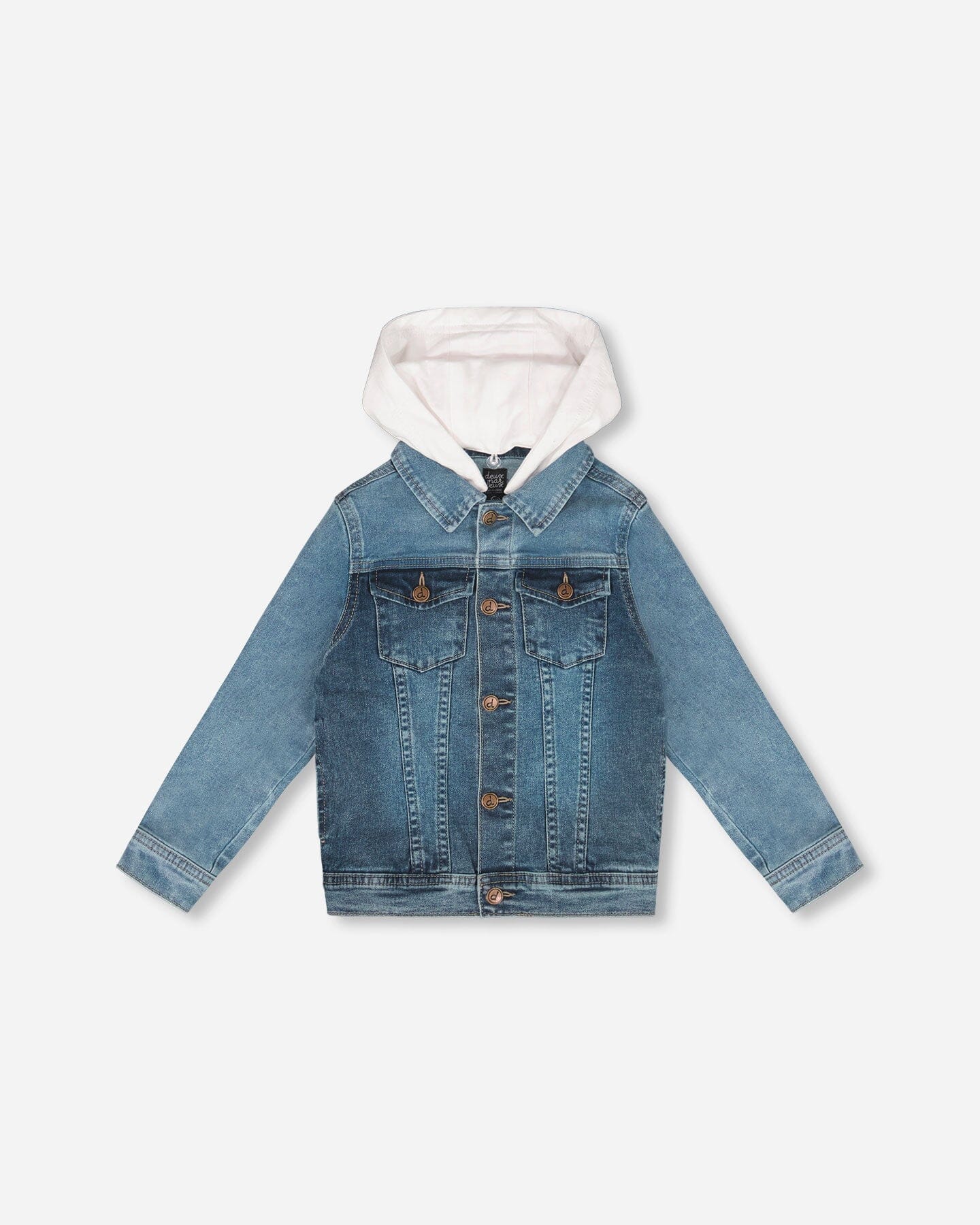 Denim Jacket With French Terry Hood White And Denim Blue - Deux par Deux