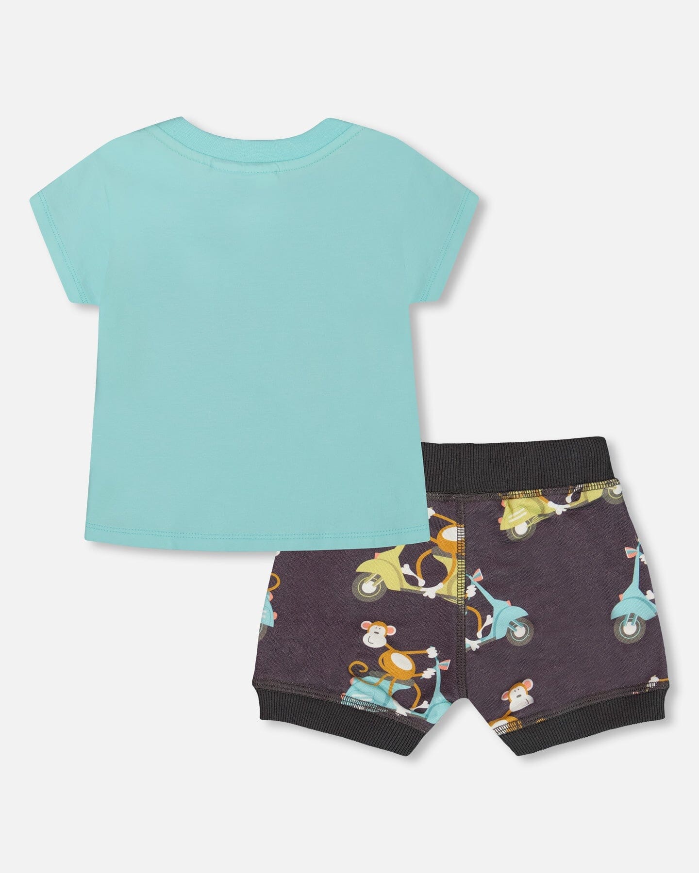 Two-Piece Top And Short Set Monkey On Navy And Turquoise Moped - Deux par Deux