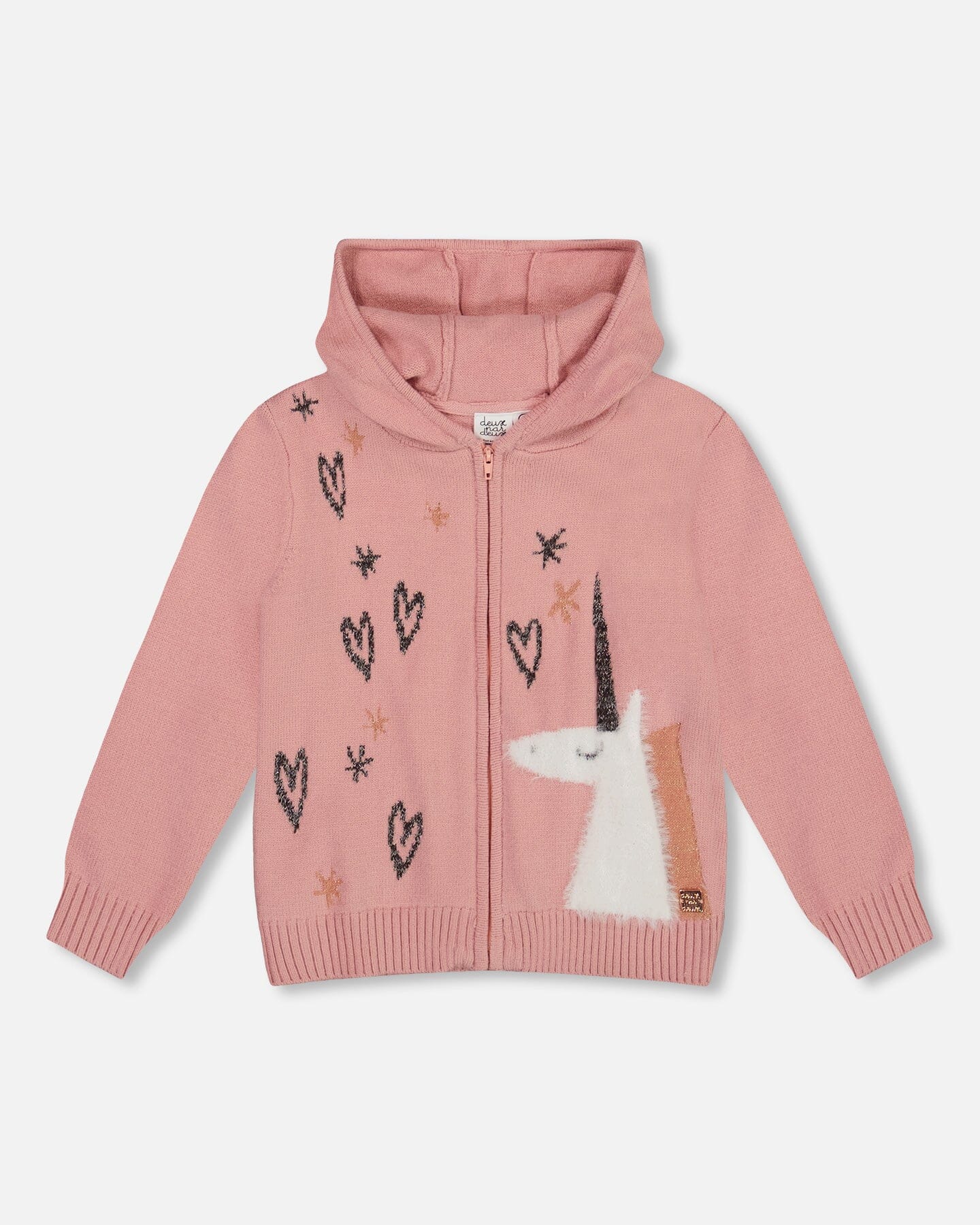 Hooded Knit Cardigan Dusty Pink With Unicorn Intarsia - Deux par Deux