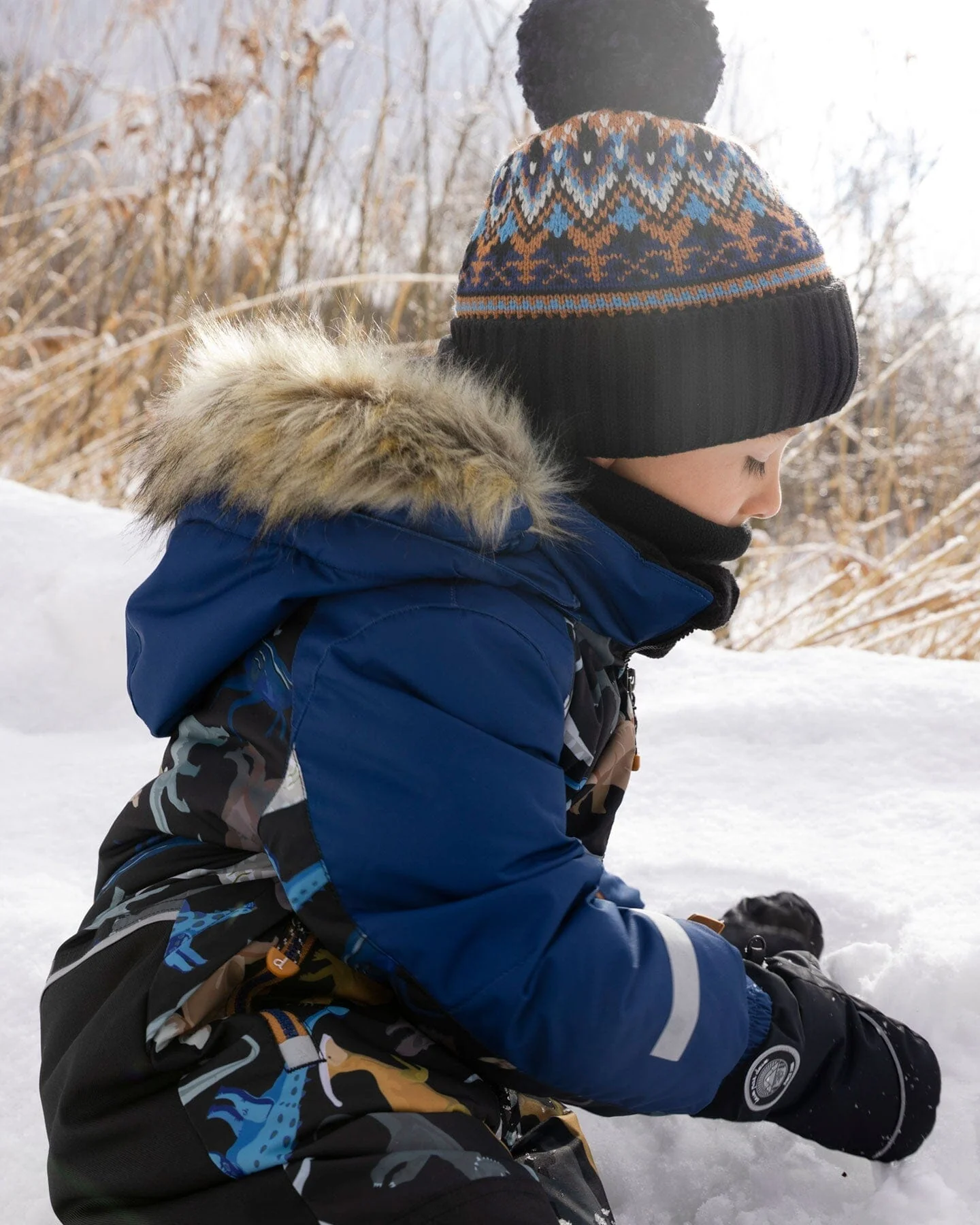 Lined Knit Winter Hat With Pompom Taupe And Navy - Deux par Deux