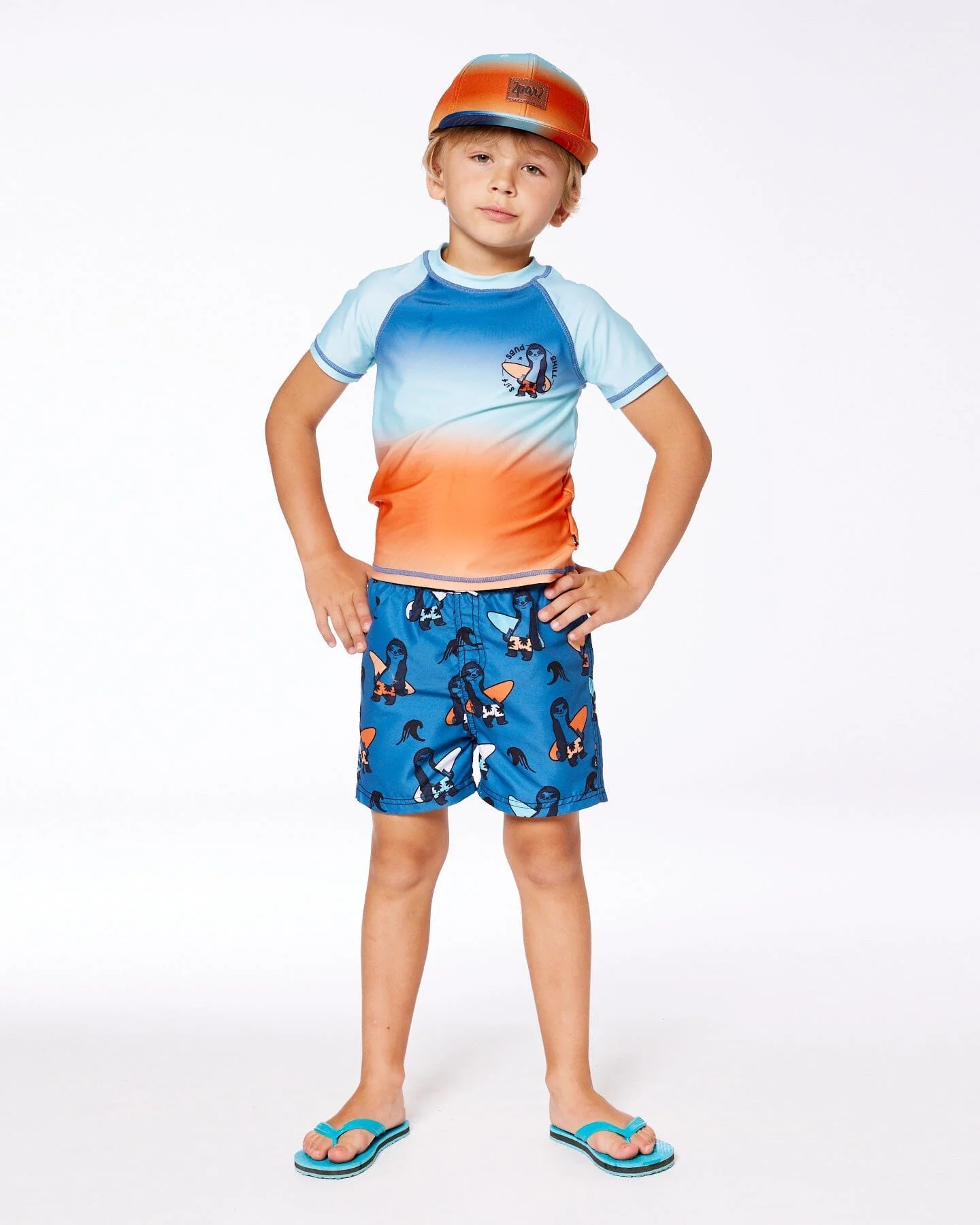 Short Sleeve Rashguard Navy Blue, Turquoise, And Orange - Deux par Deux