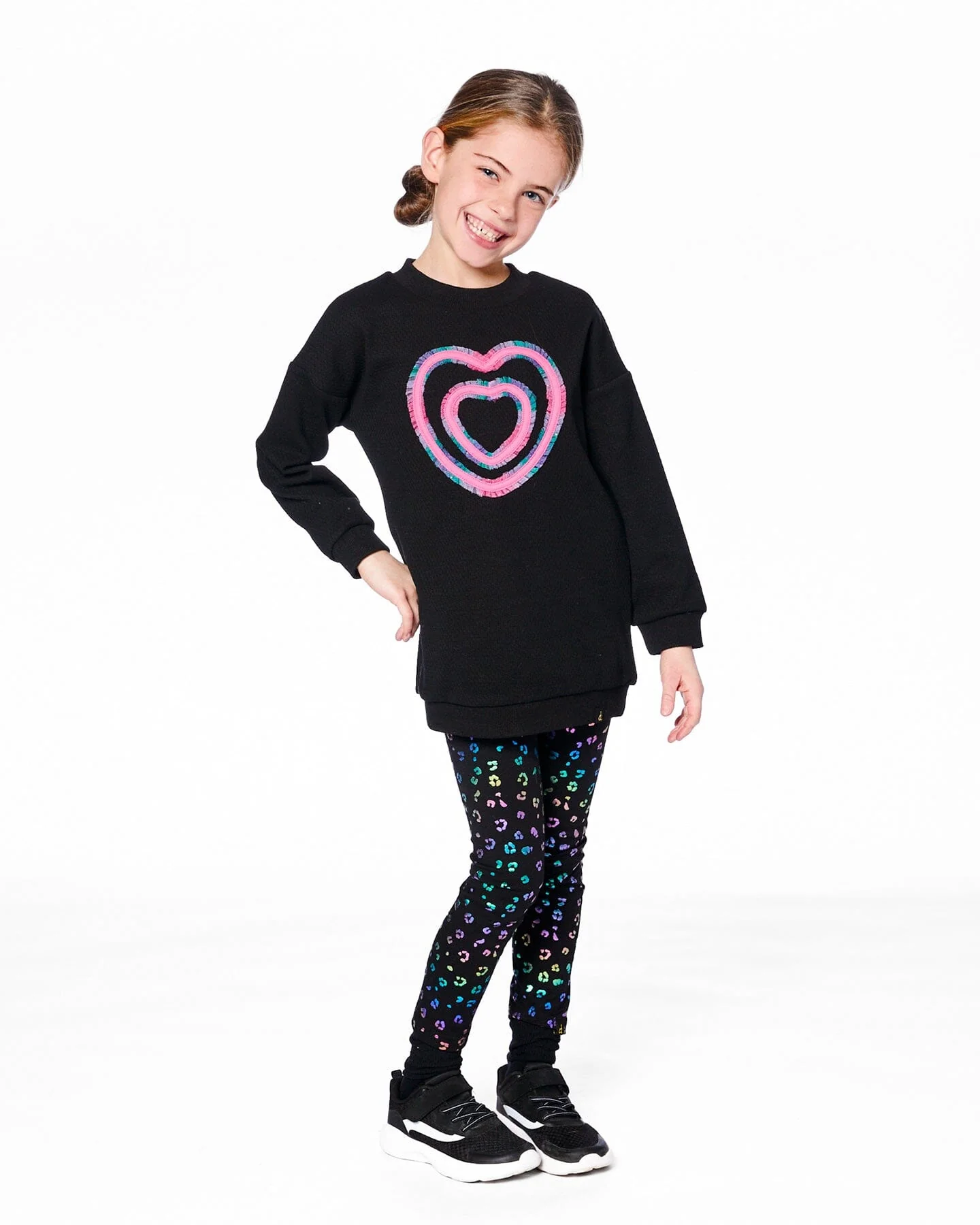 Fleece Jacquard Tunic Black With Heart Applique - Deux par Deux