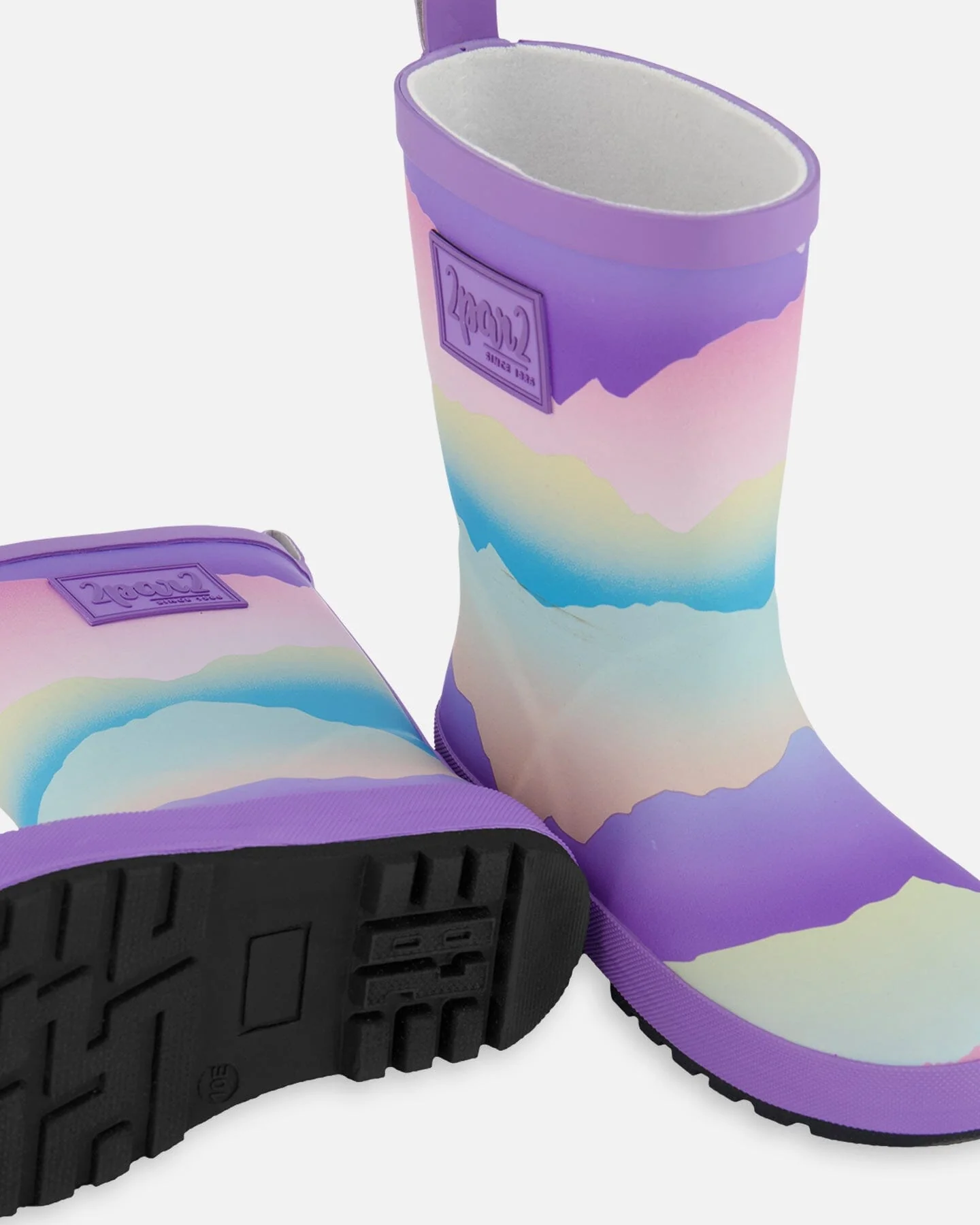 Printed Rain Boots Mauve And Blue, Pink Mountain - Deux par Deux