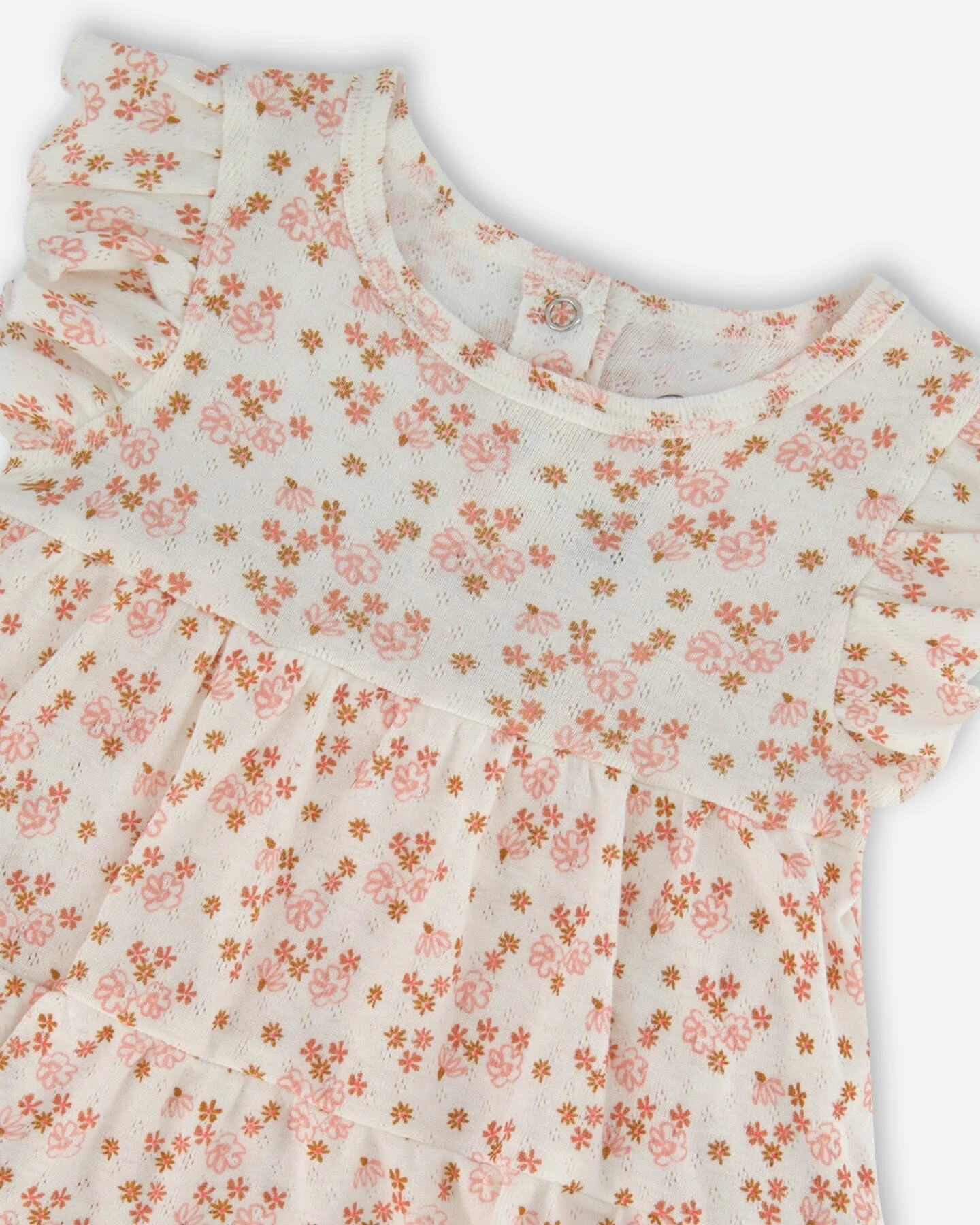 Organic Cotton Pointelle Romper Printed White And Pink Flowers - Deux par Deux