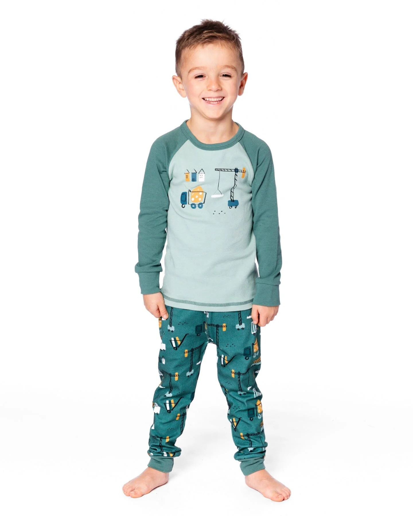 Two-Piece Organic Cotton Pajama Set Teal Construction Print - Deux par Deux