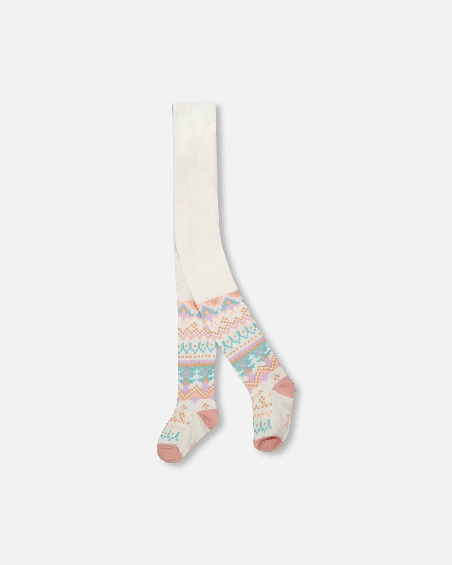 Knit Tights White Pink And Turquoise With Norwegian Jacquard - Deux par Deux