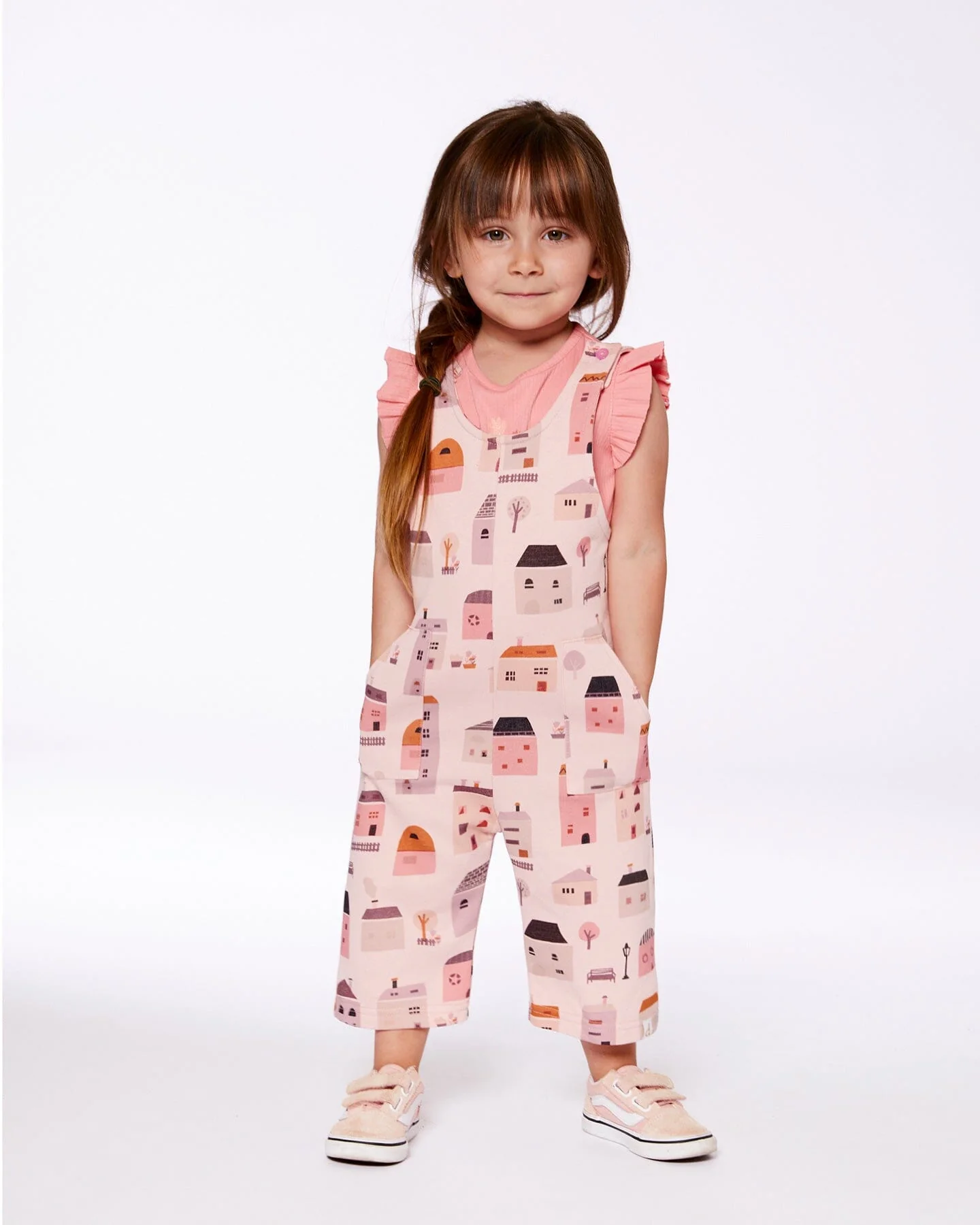 Printed French Terry Overalls Pink And Coral Houses - Deux par Deux