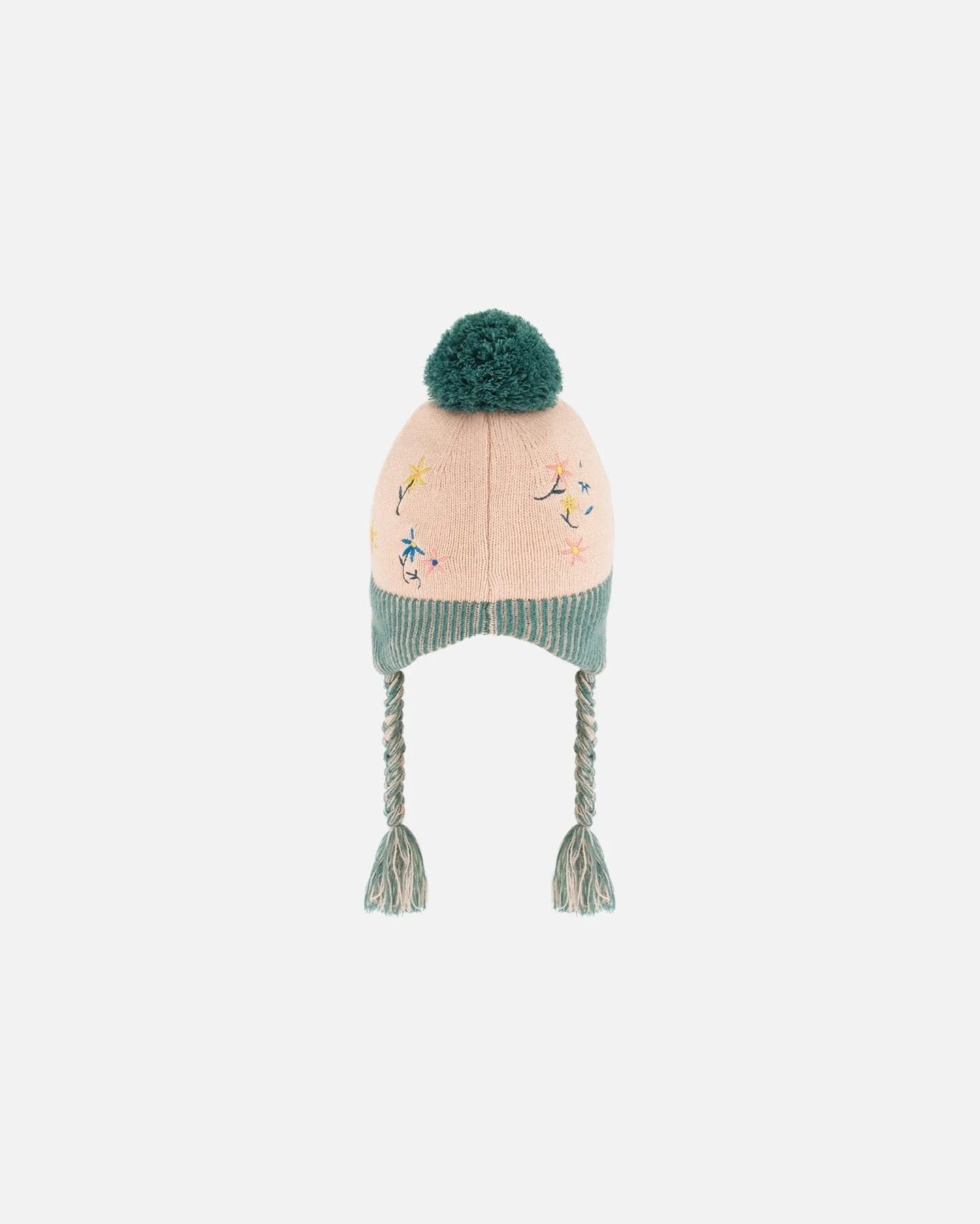 Peruvian Knit Hat Light Pink, Sage Green And Flowers - Deux par Deux
