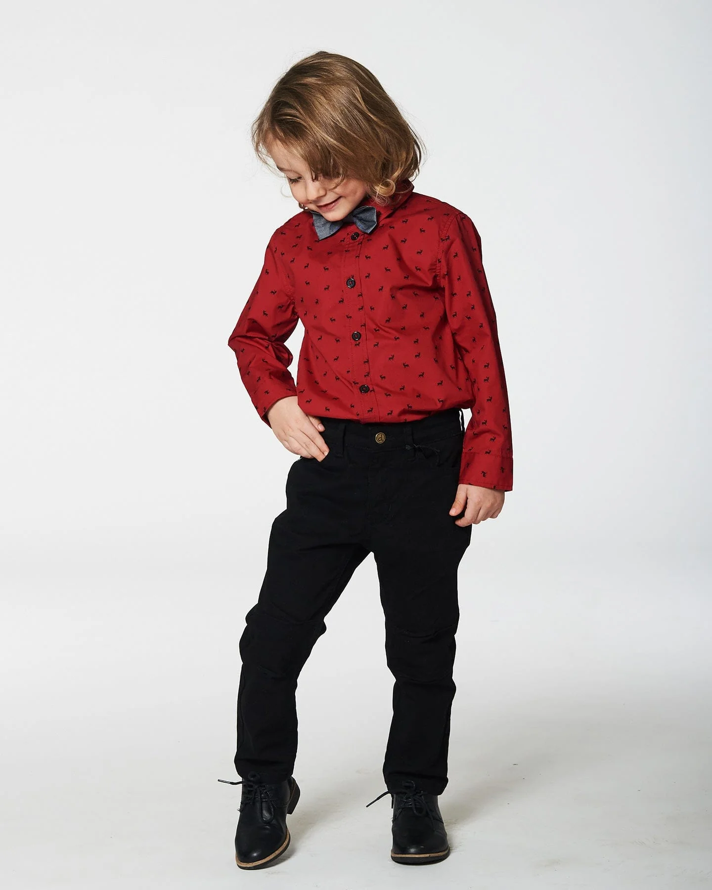 Printed Reindeer Poplin Shirt With Bow Tie Red - Deux par Deux