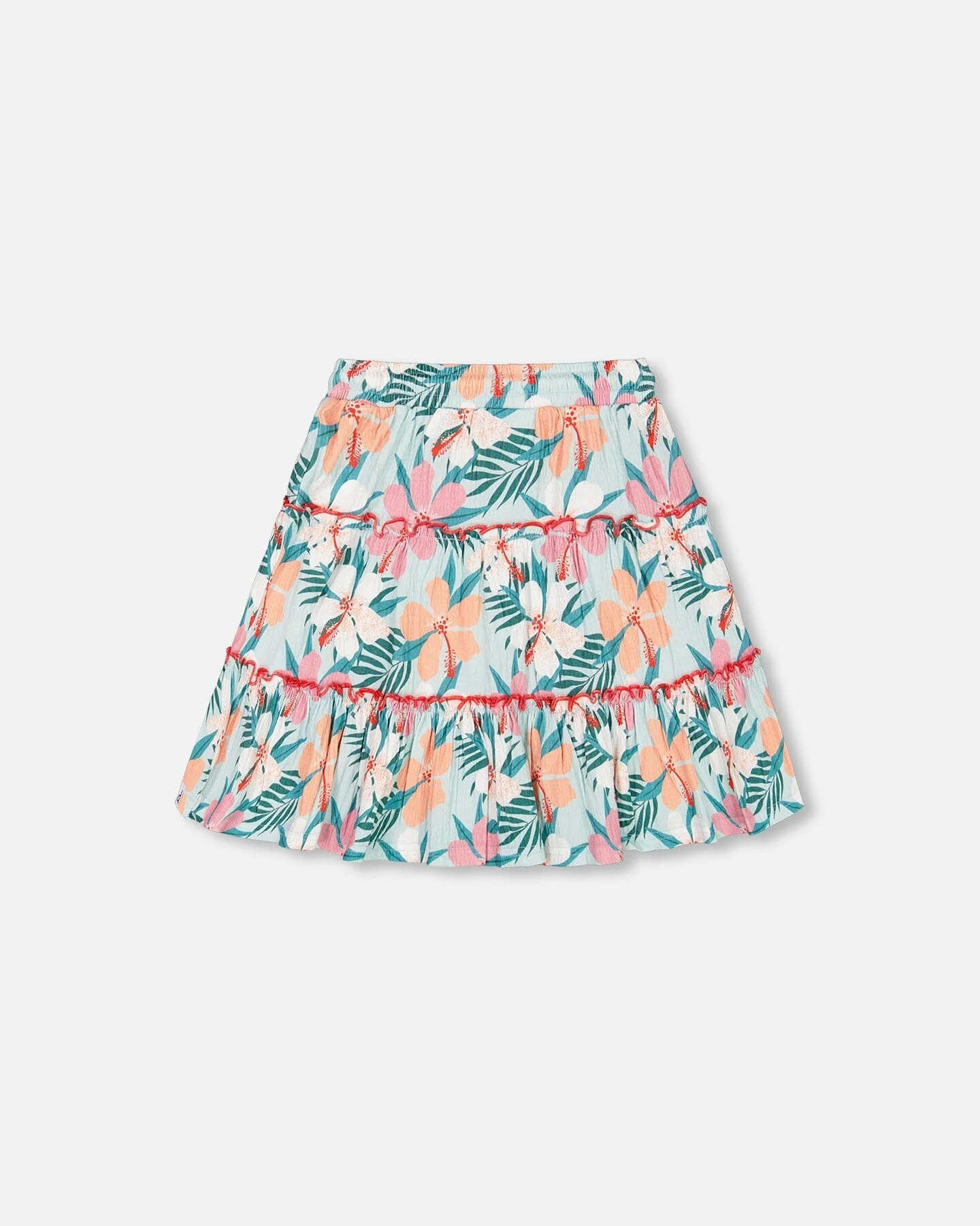 Long Crinkle Peasant Skirt Blue Printed Beach Hibiscus - Deux par Deux