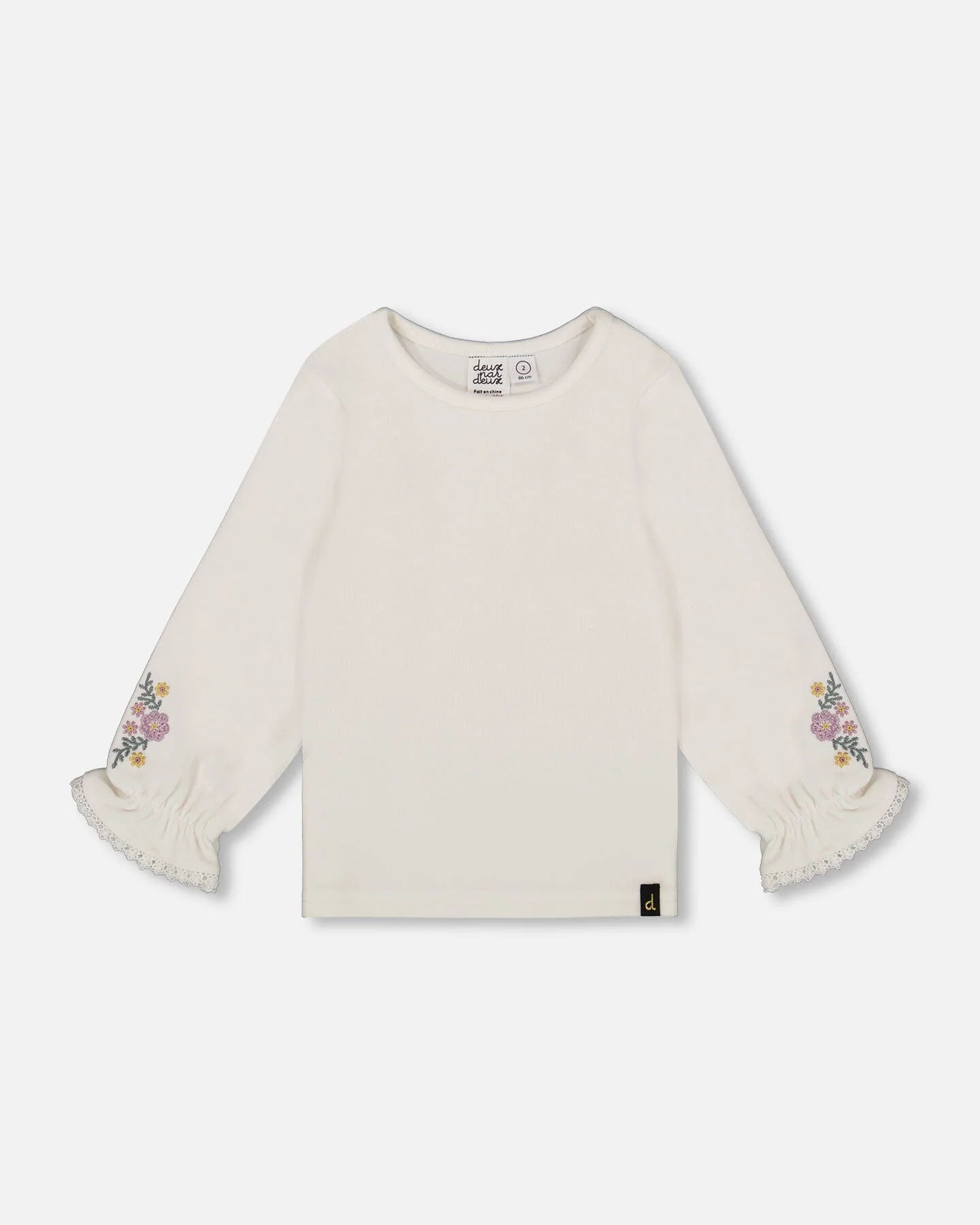 Jersey Top Off-White With Embroidered Floral Sleeves - Deux par Deux