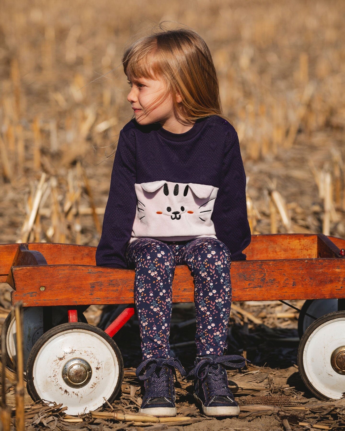 Long Bi-Material Top Dark Blue With Cat - Deux par Deux