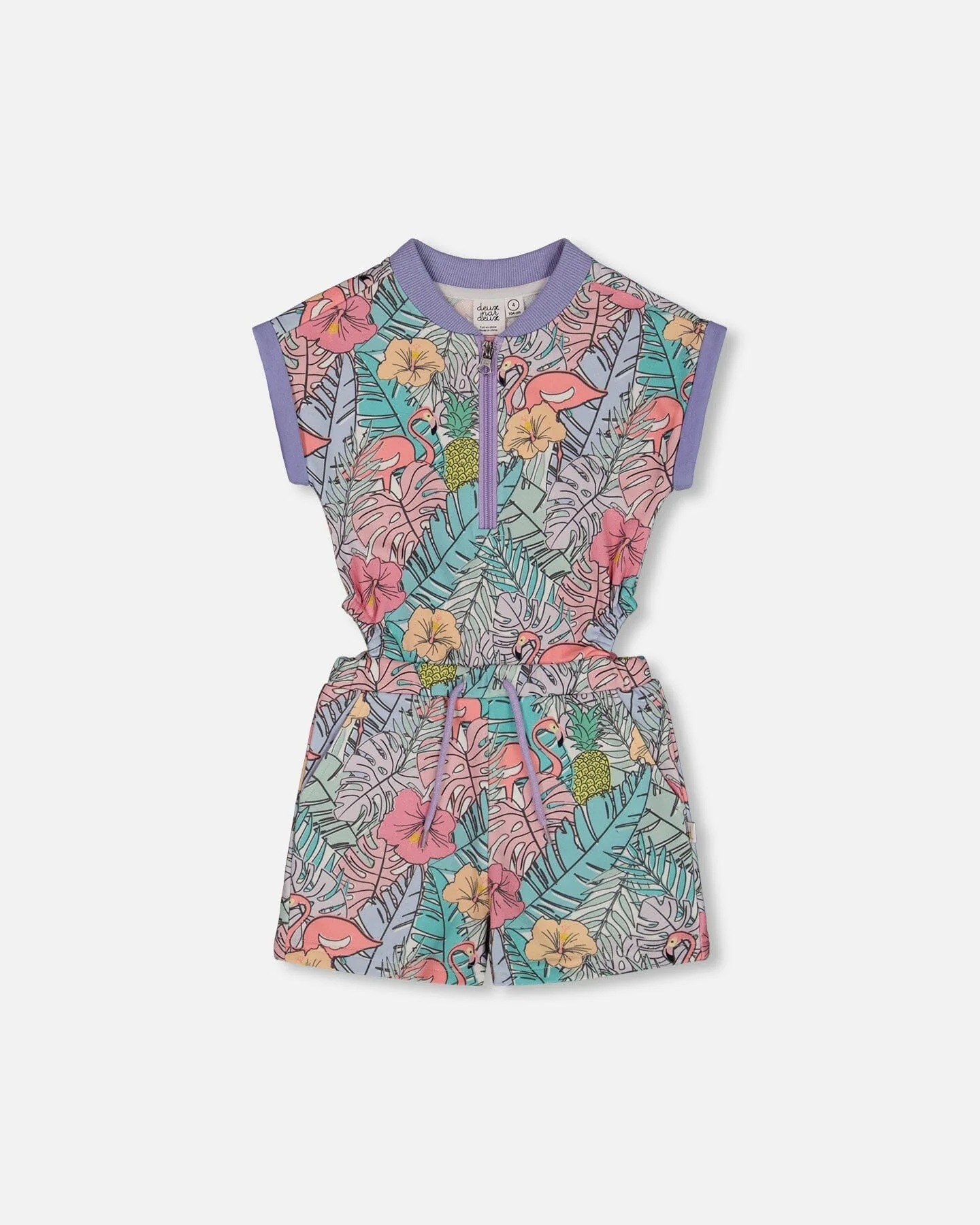 Printed French Terry Romper Lilac Tropical And Pink Flamingos - Deux par Deux