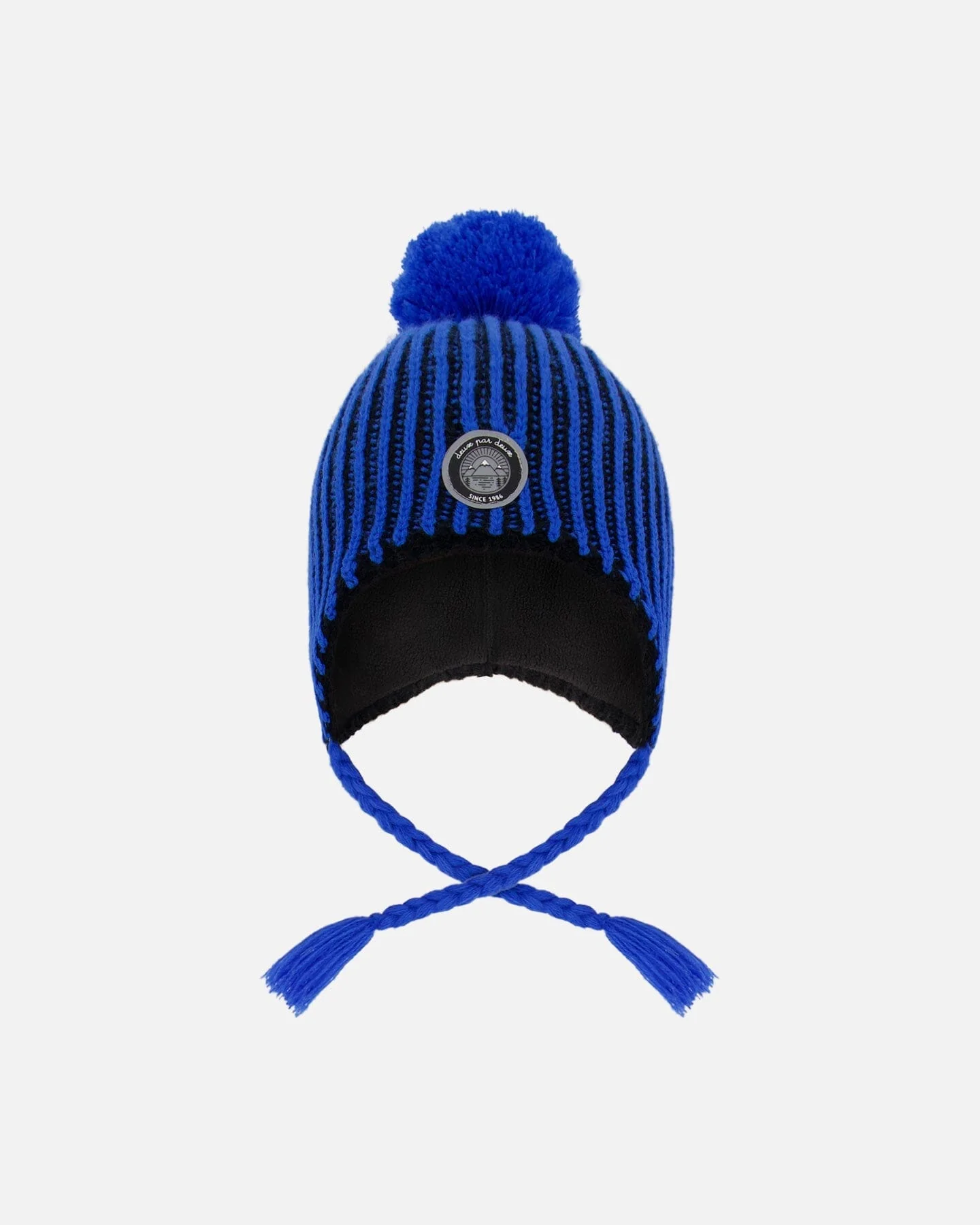 Winter Peruvian Knit Hat With Pompom And Lining Black And Blue - Deux par Deux