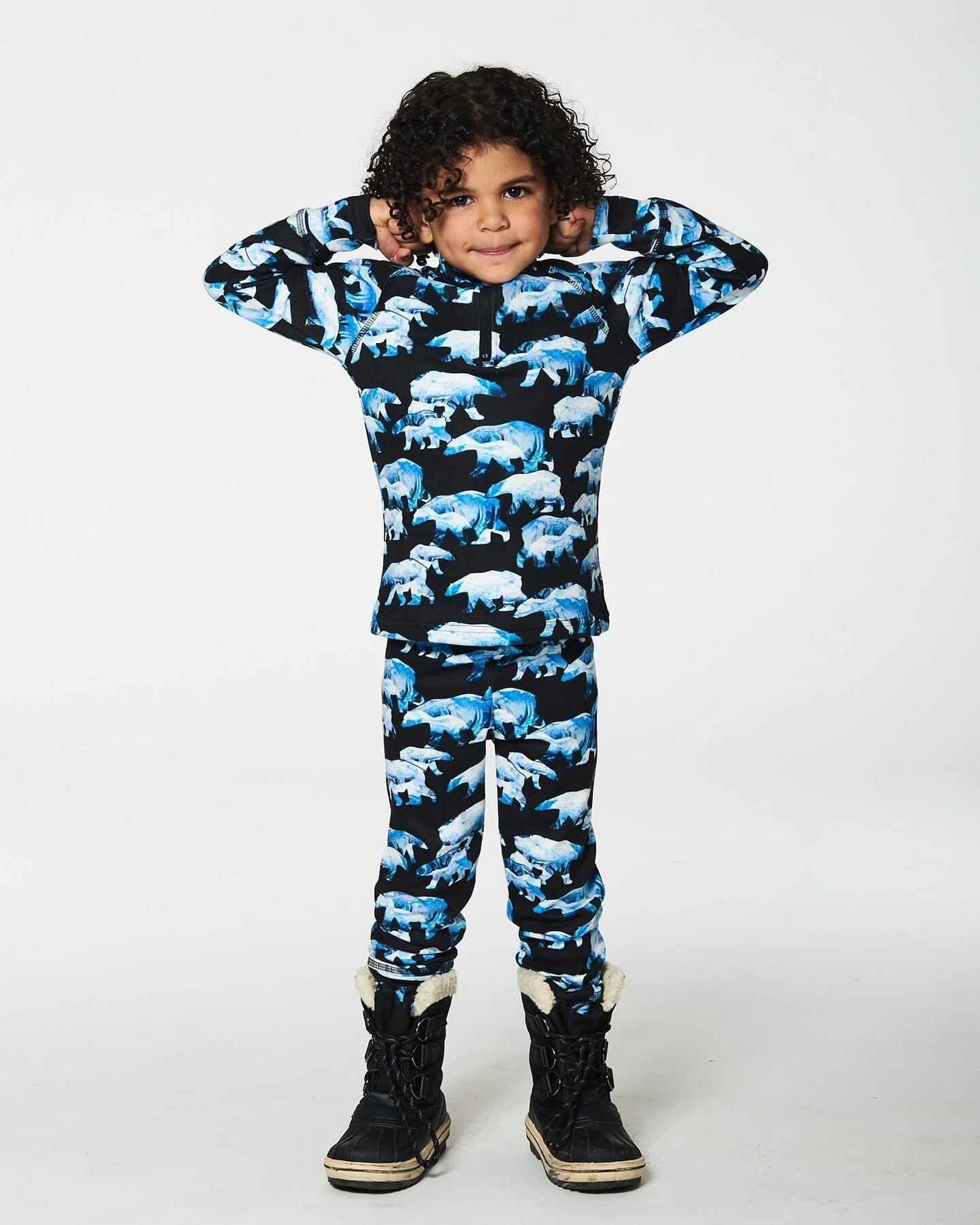 Two Piece Thermal Underwear Set Black Printed Polar Bears - Deux par Deux