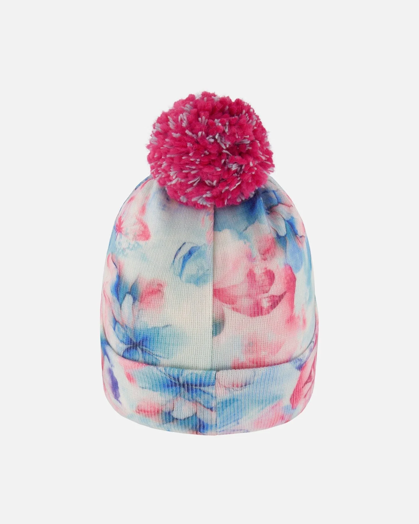 Lined Knit Pompom Hat Blue Flower Print - Deux par Deux